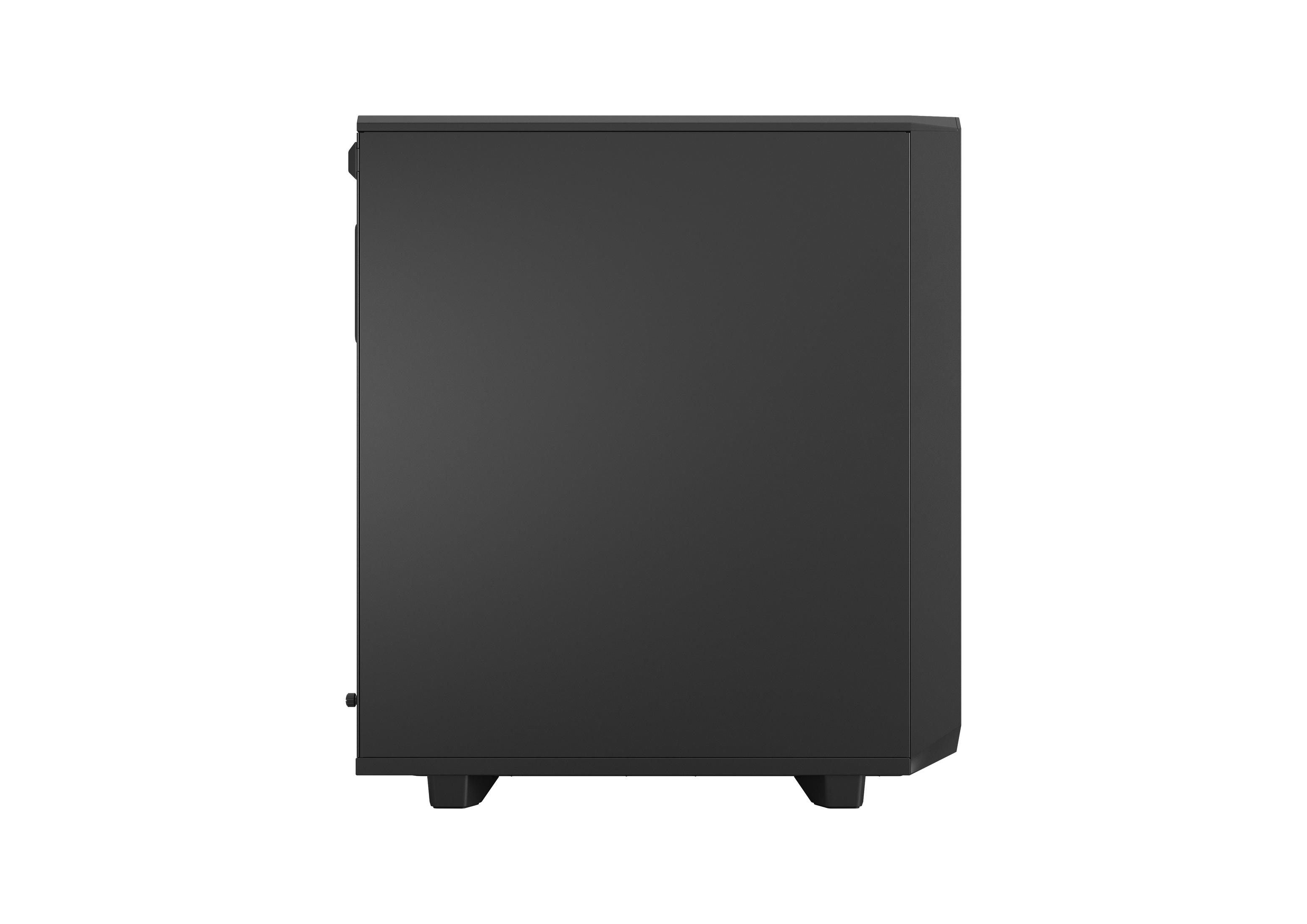 Een zwarte computerkast. De zijaanzicht toont dat de kast rechthoekig is.