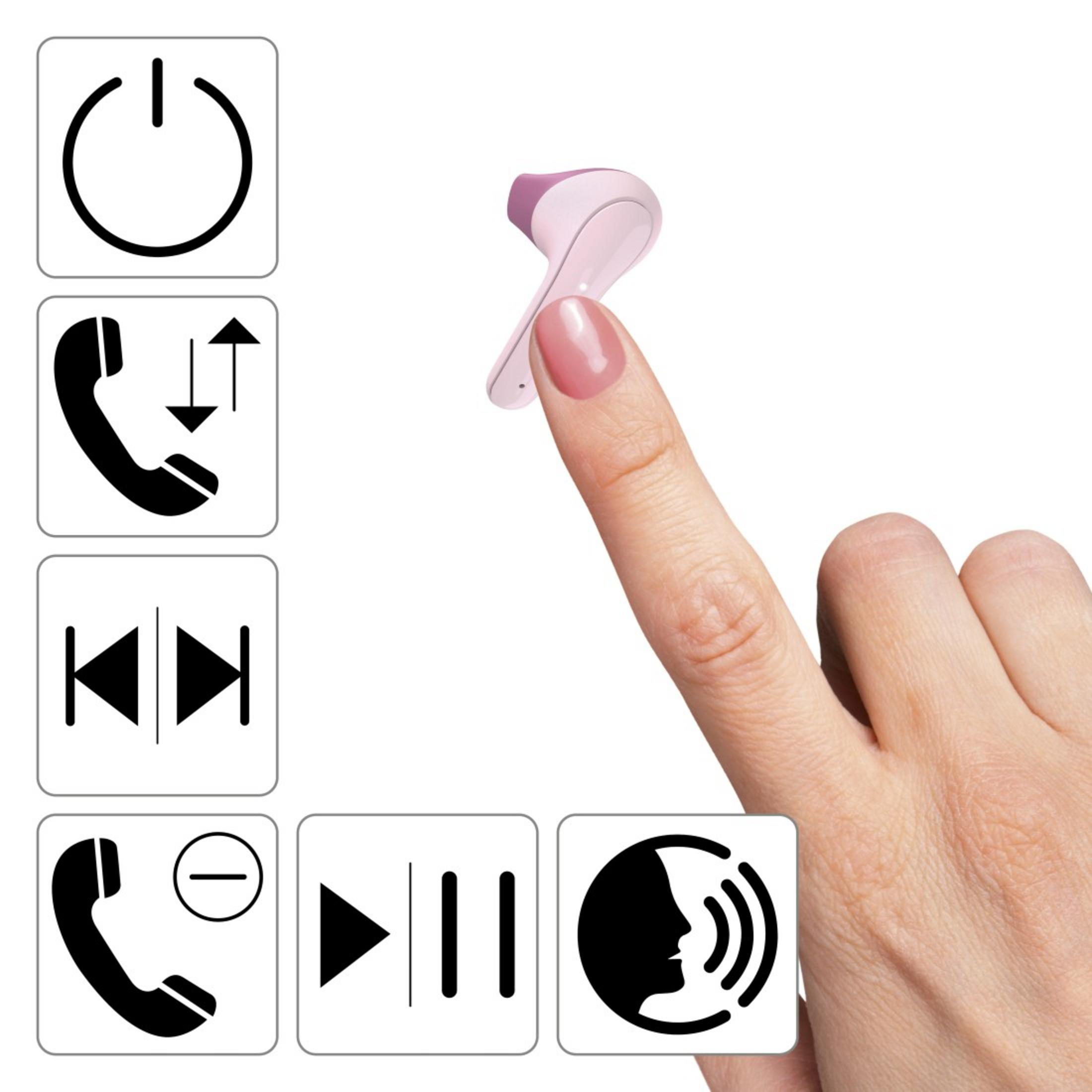 Eine Hand berührt einen rosa Ohrhörer. Symbole für verschiedene Funktionen umgeben den Ohrhörer.