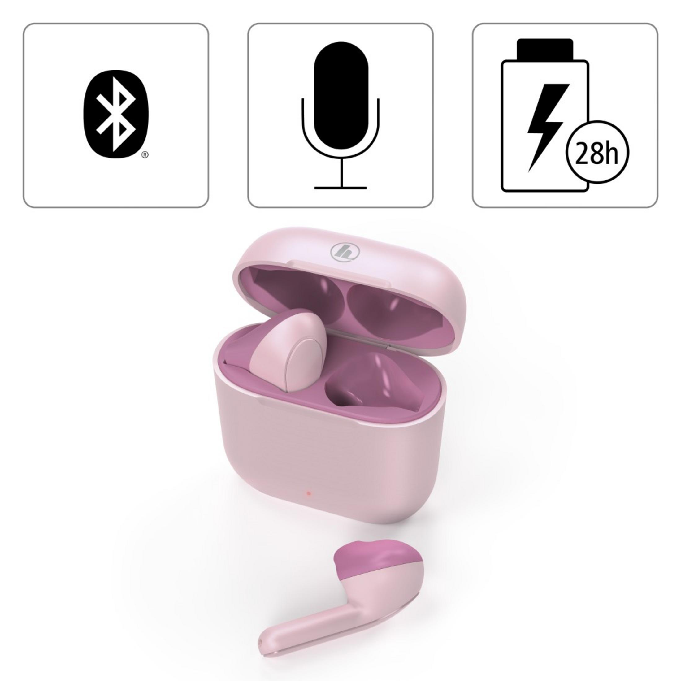 Rosa Ohrhörer in Ladecase mit Bluetooth-, Mikrofon- und Batteriesymbolen.