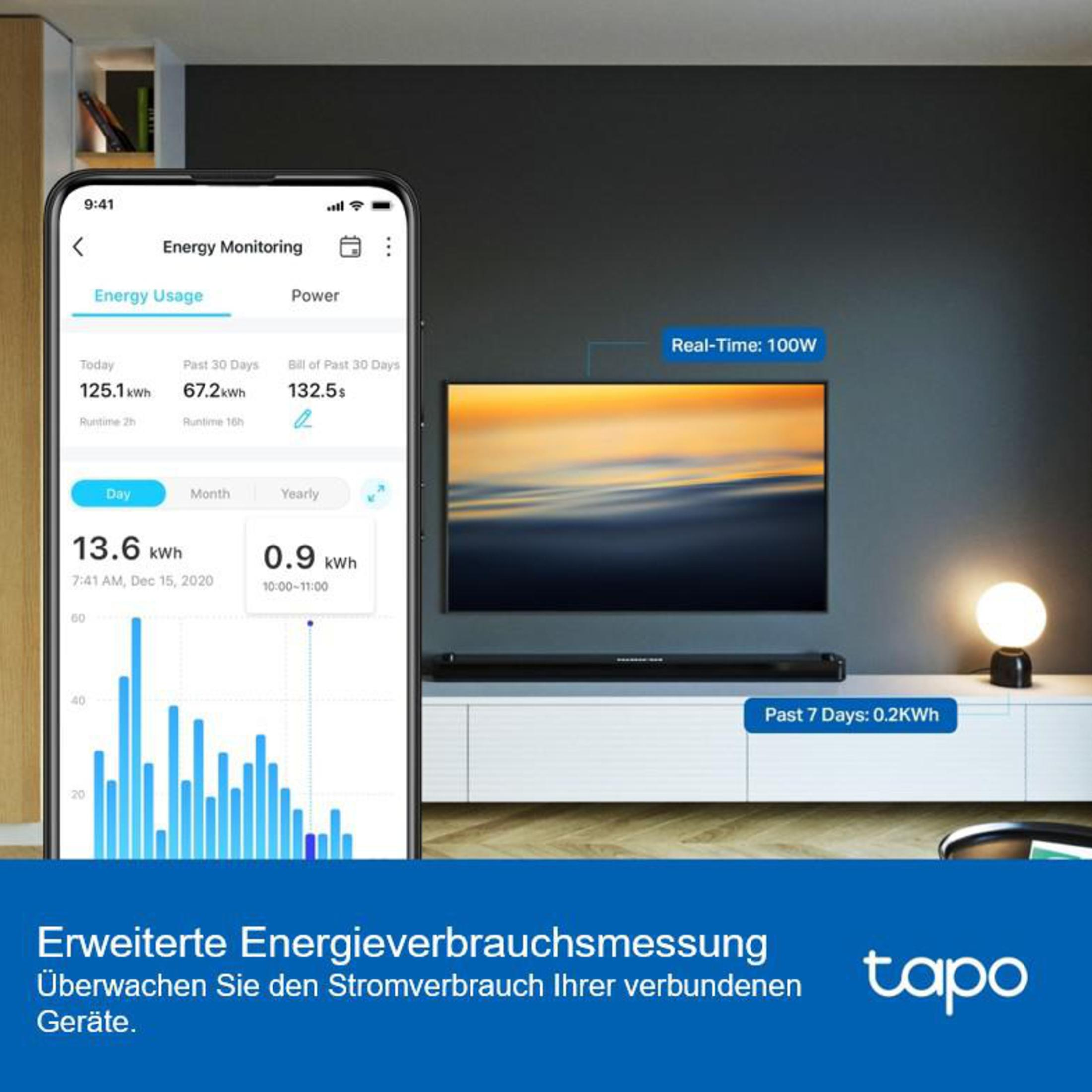 Smartphone zeigt Energieverbrauchsdaten. Hintergrund: TV, Lampe. Szene: Modernes Wohnzimmer.