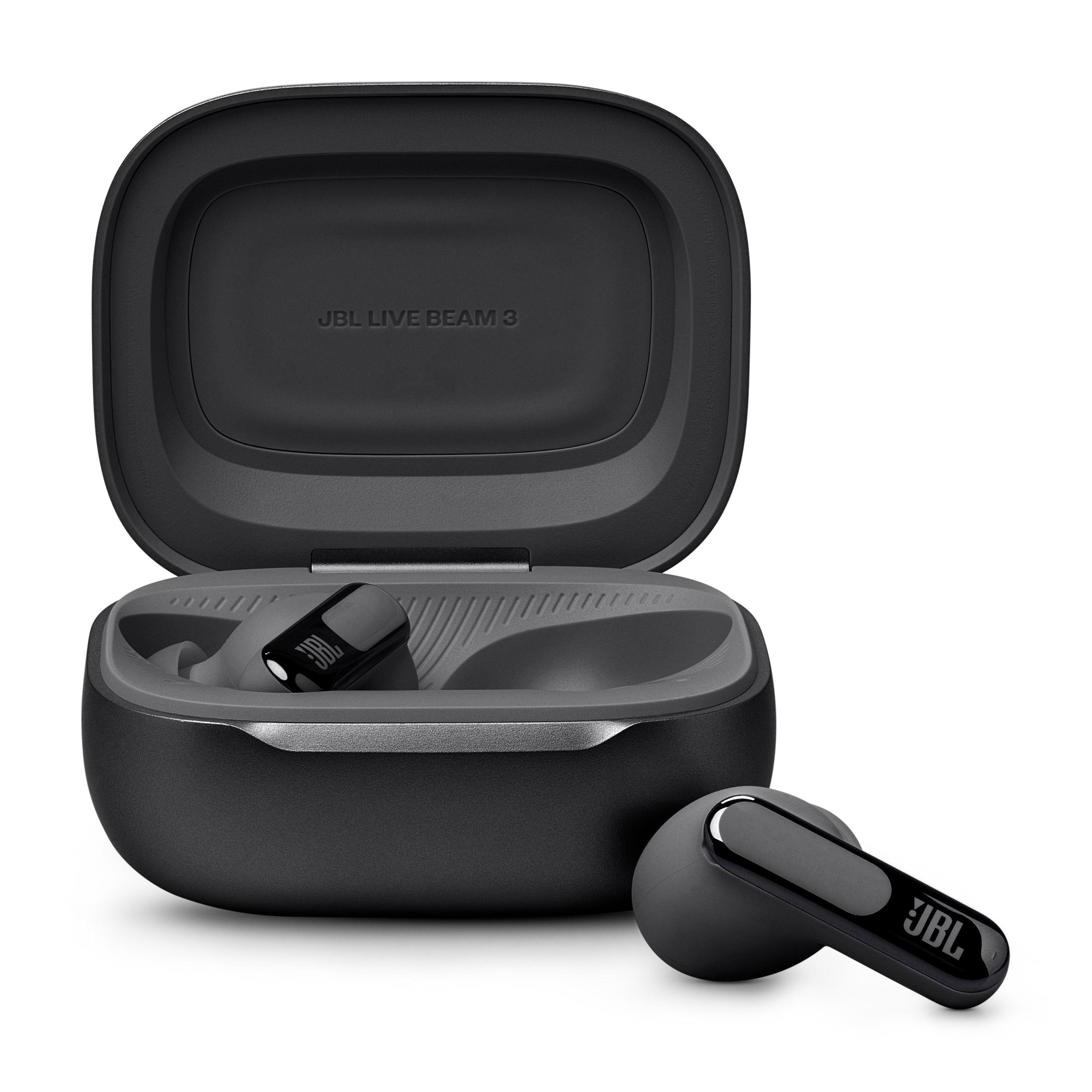 Black JBL Live Beam 3 earbuds in charging case, open, with an earbud out.