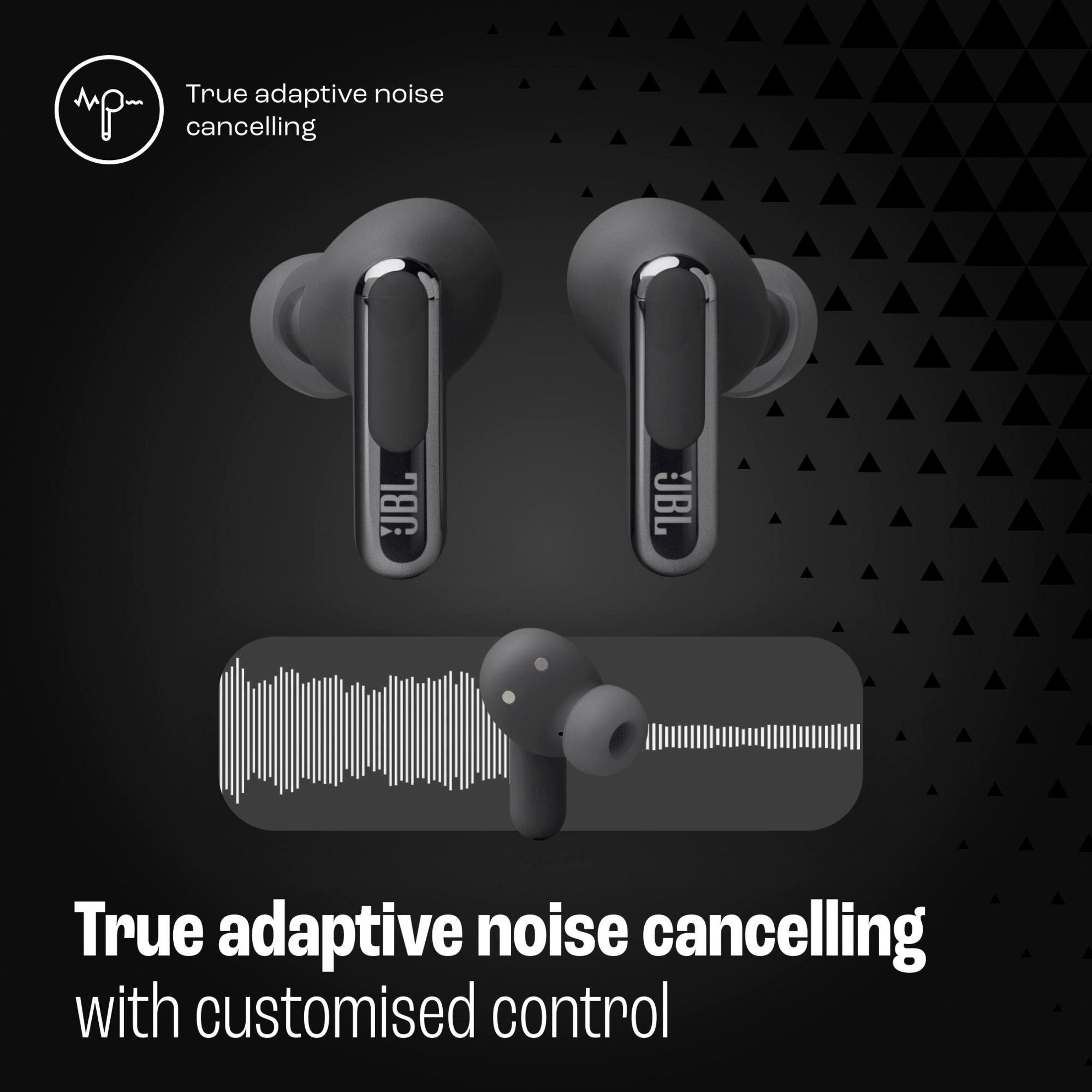 Three JBL earbuds. Two gray, one small gray in a charging case. Text: True adaptive noise cancelling.