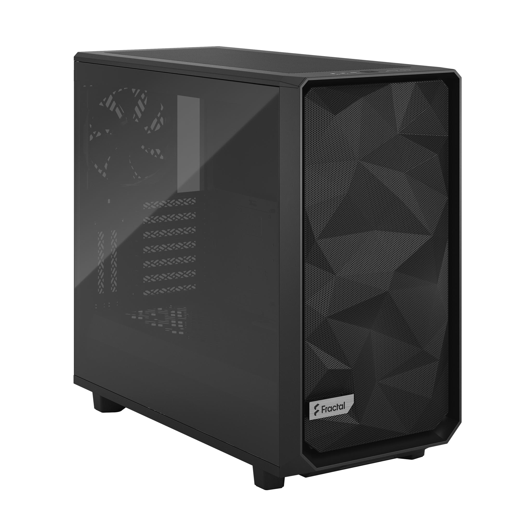 Zwarte computerkast met een gaasvoorkant en een glazen zijpaneel. Het Fractal-logo is zichtbaar.