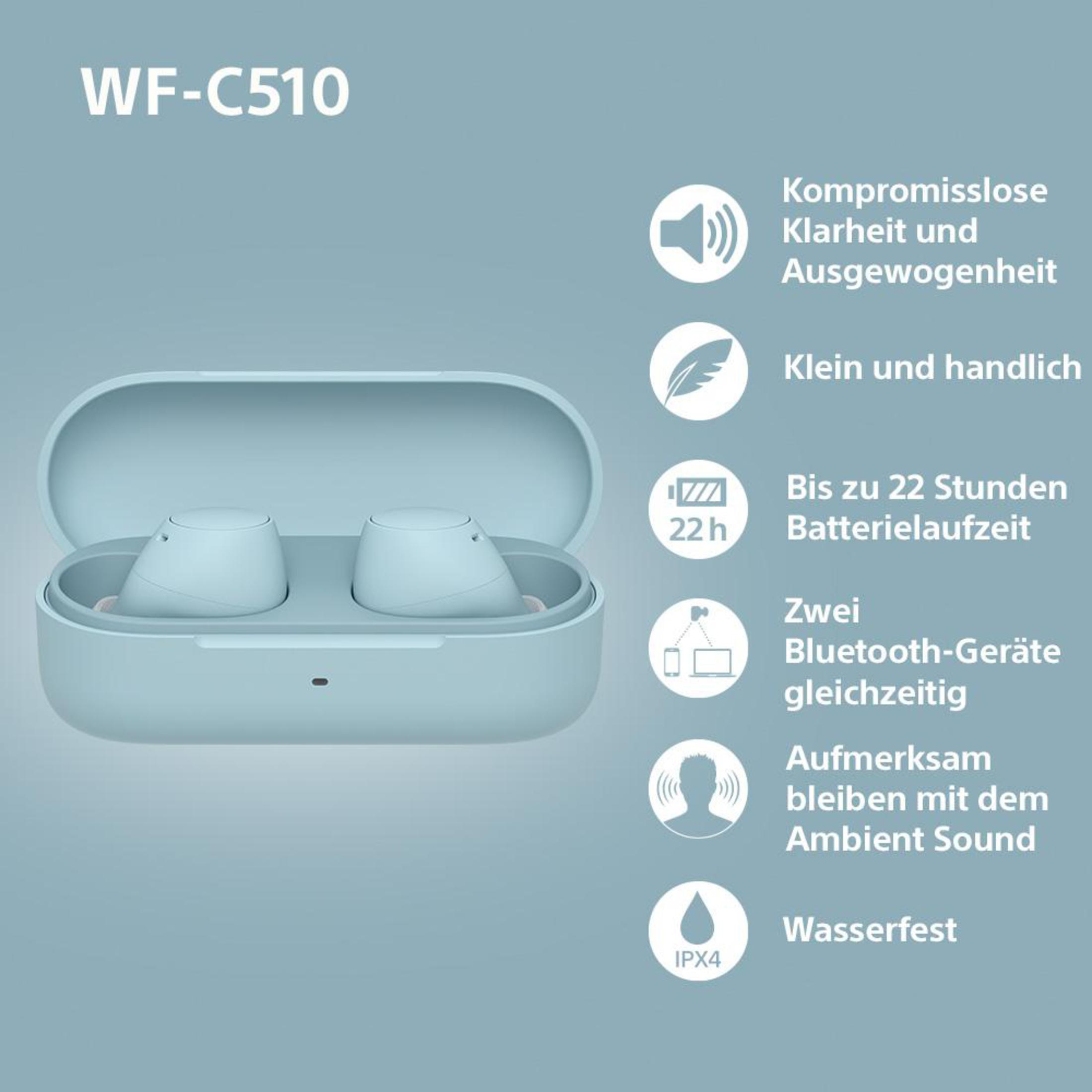 Auricolari azzurri in una custodia, con icone e testo sulle caratteristiche su sfondo blu.