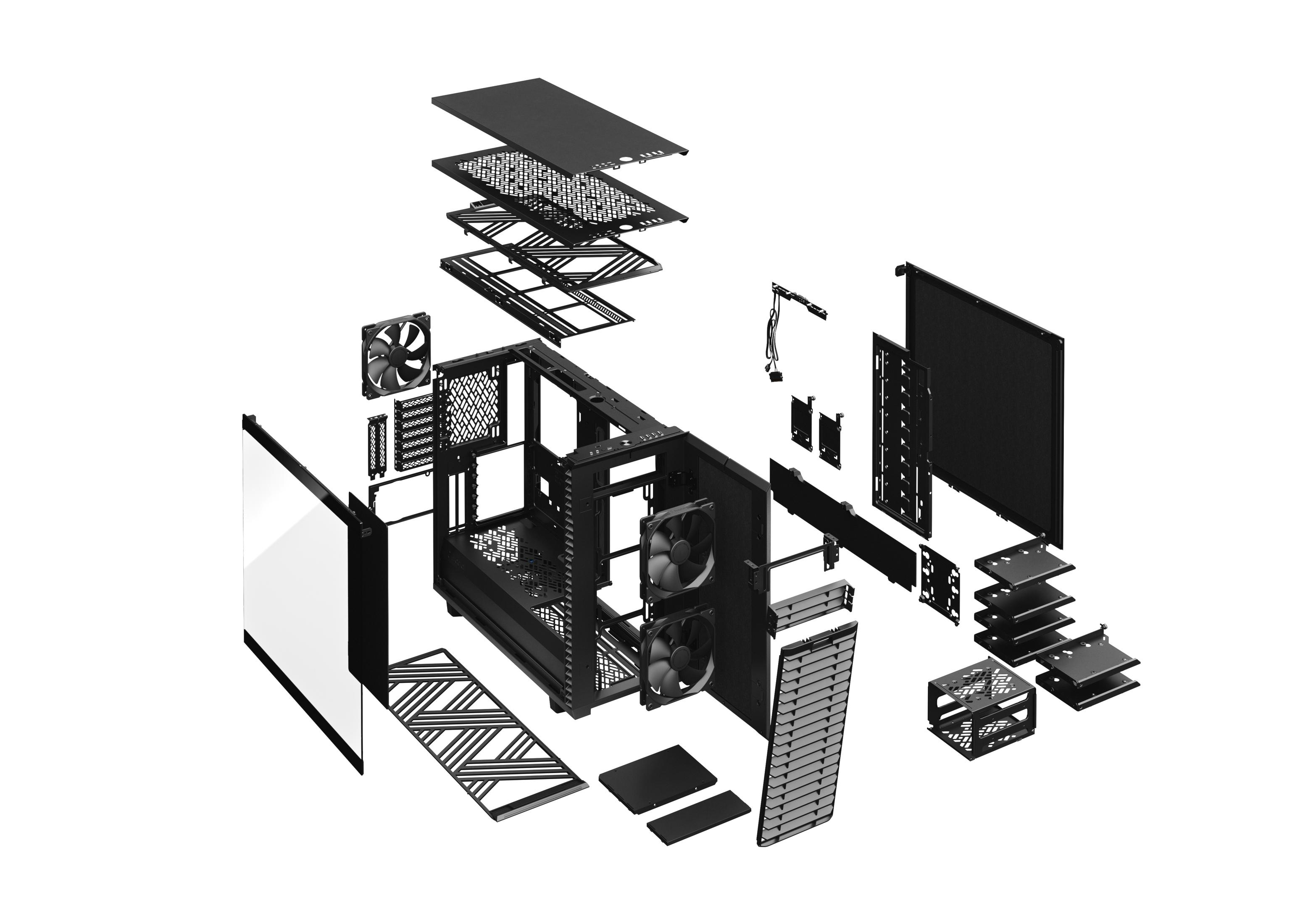 Widok rozstrzelony czarnej obudowy komputera. Komponenty są rozdzielone i oznaczone.