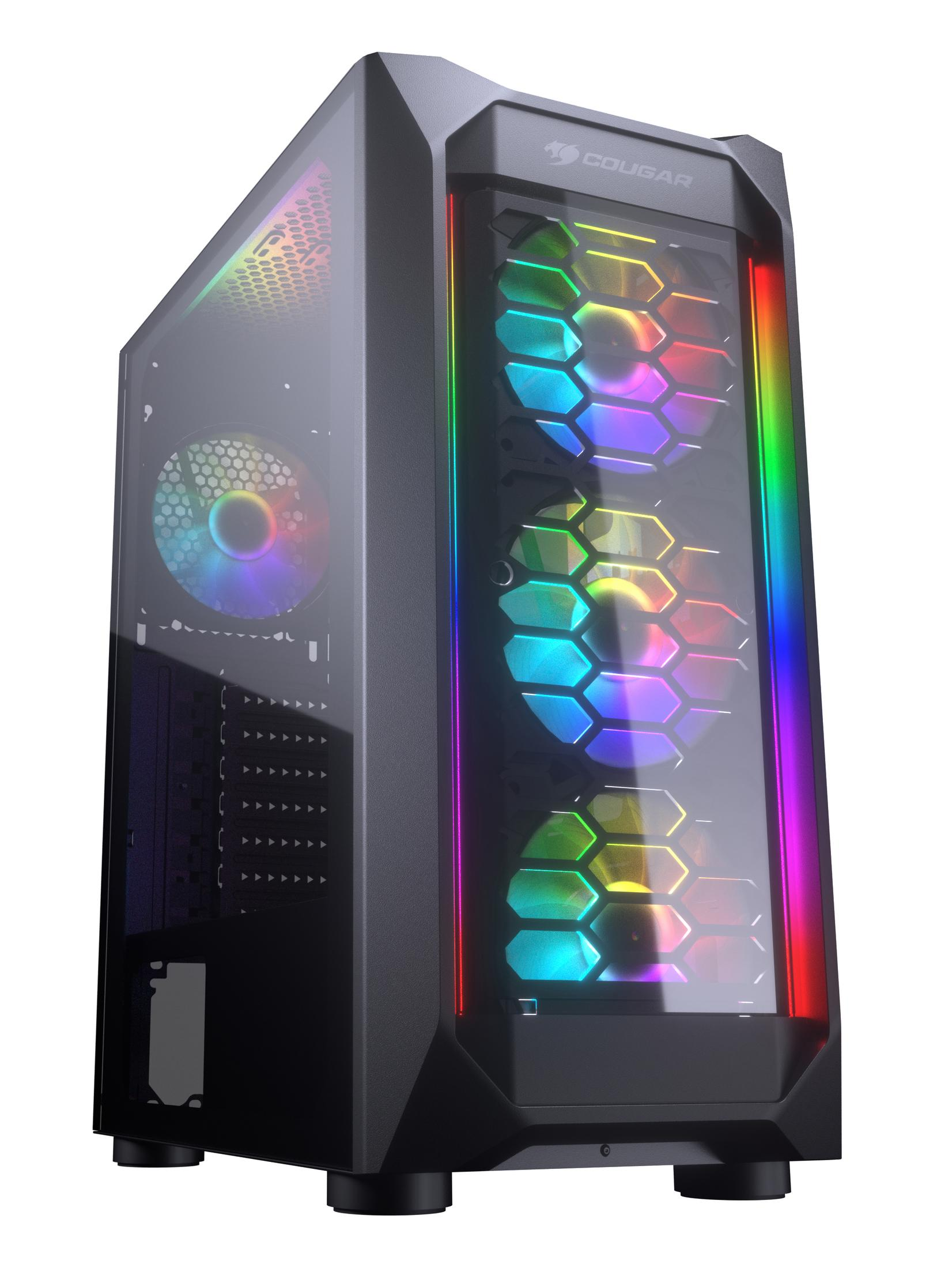 Czarna obudowa komputera Cougar z oświetleniem RGB, szklanym panelem bocznym i wzorem plastra miodu z przodu.