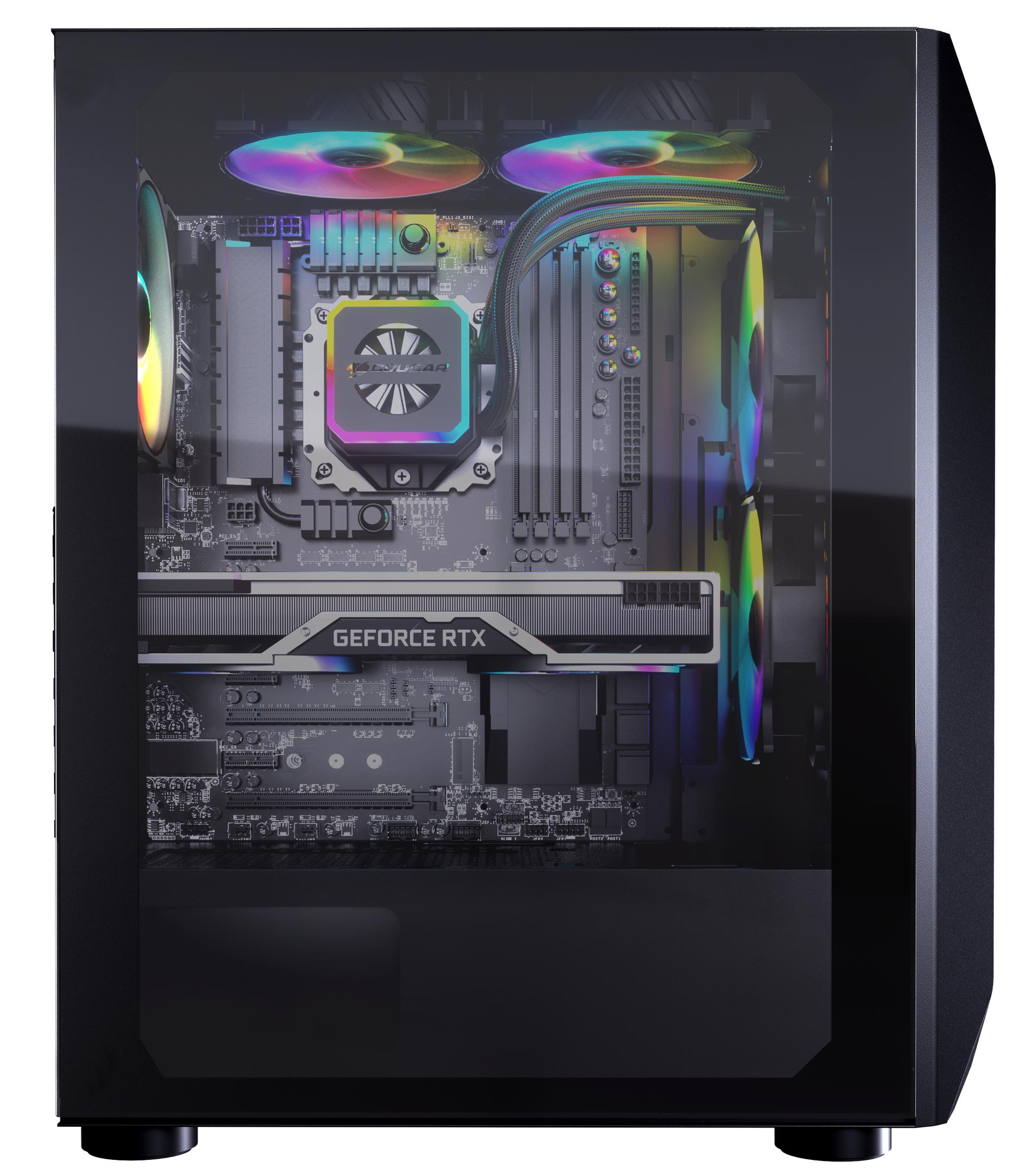 Obudowa komputera prezentuje komponenty wewnętrzne, w tym wentylatory i kartę graficzną.