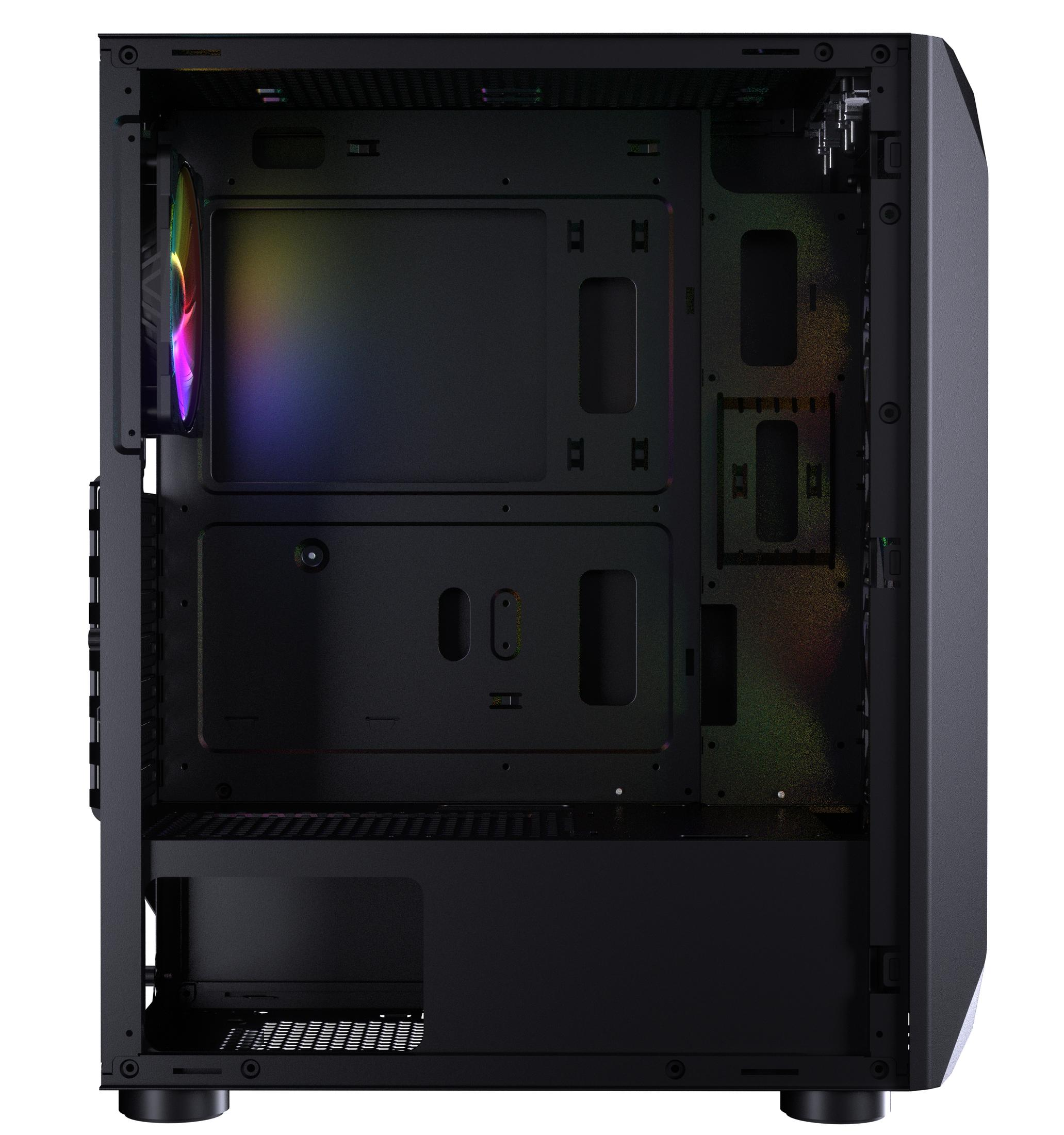 Czarna obudowa komputera, otwarta, ukazująca komponenty wewnętrzne. Widoczny wentylator z tęczowymi światłami.