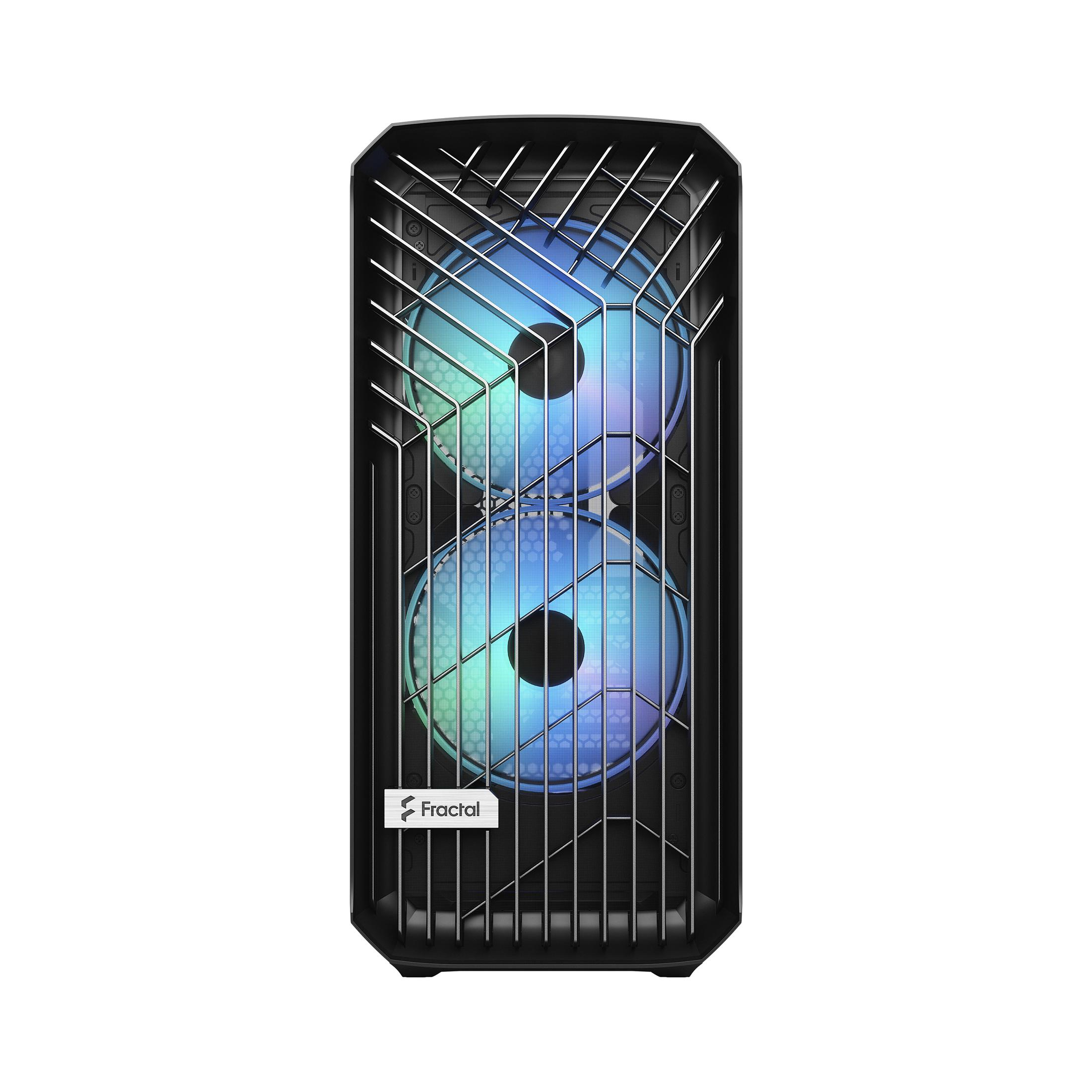 Computer case with two fans inside, a grid in front, and the Fractal logo.