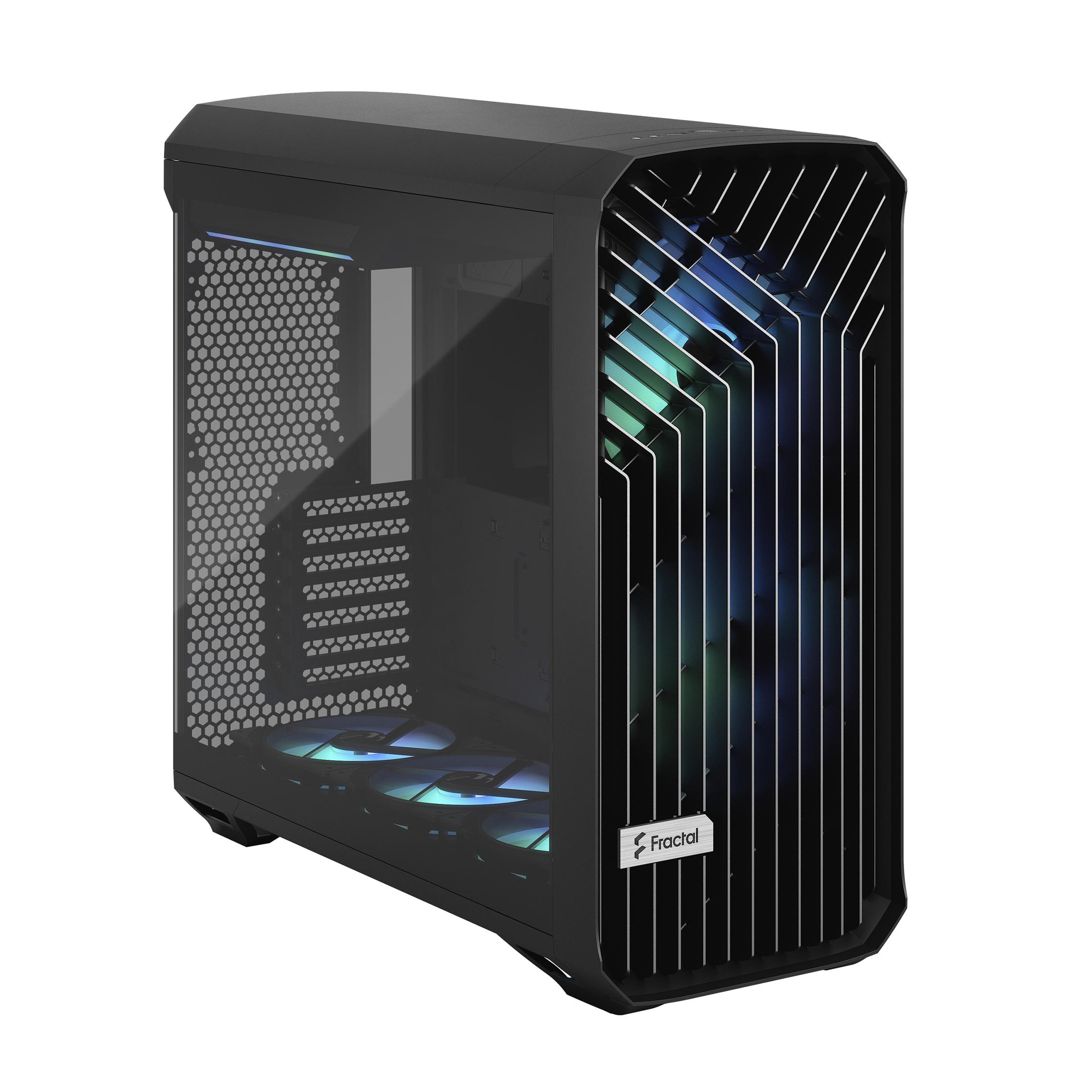 A black computer case with a glass side panel, revealing internal components and fans with lights.