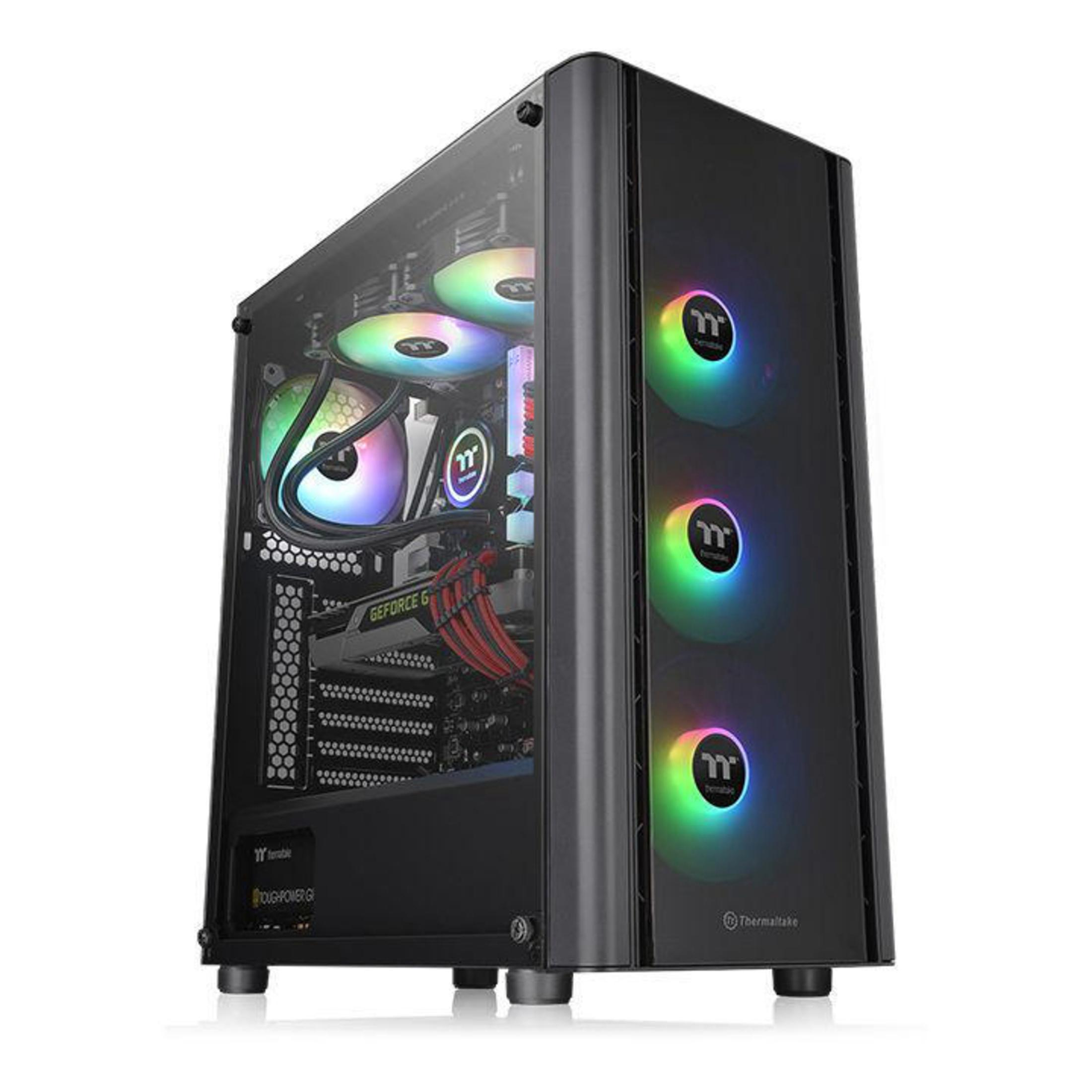 Case PC nero con ventole RGB. Lato in vetro temperato. Componenti interni e luci visibili.