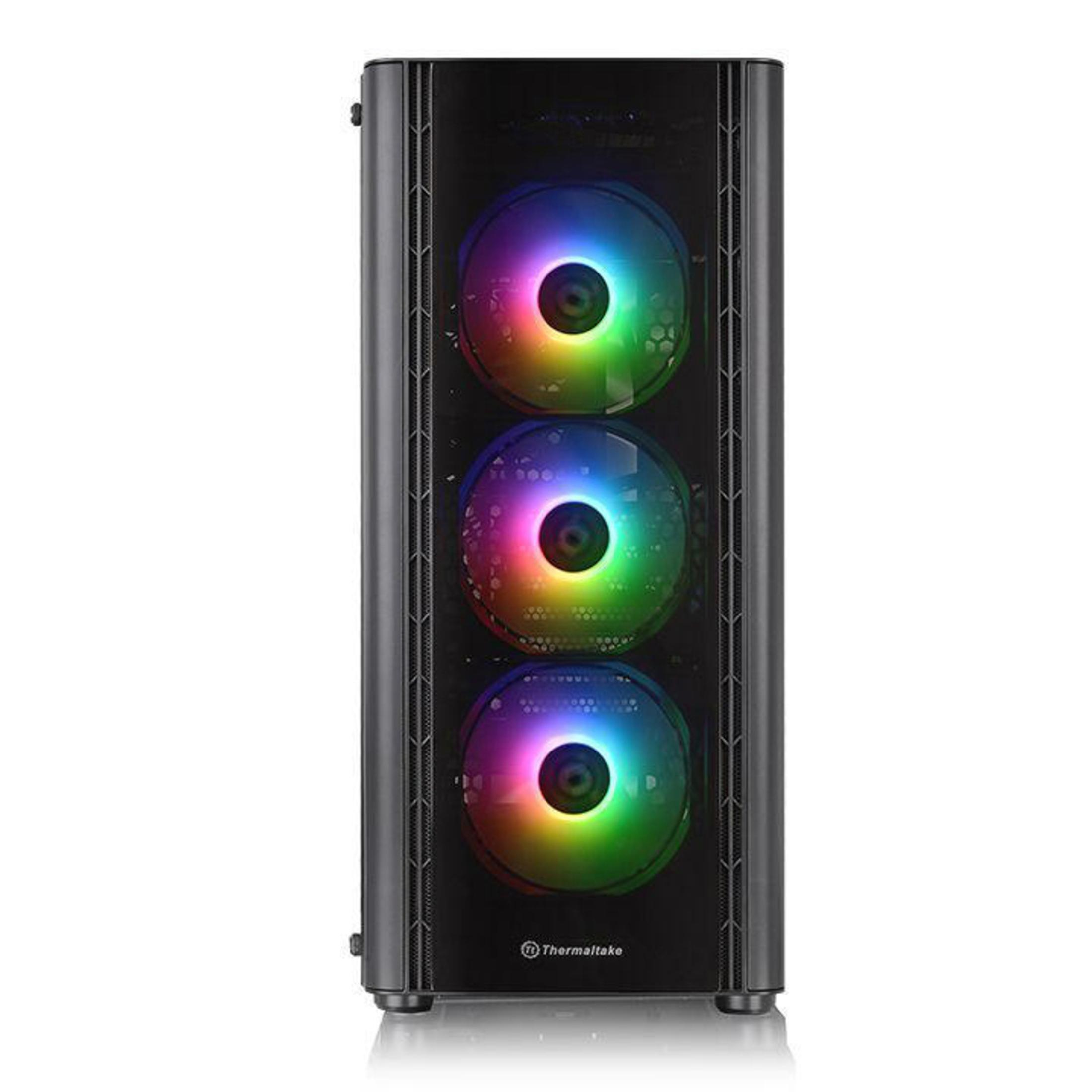 Un case per computer con tre ventole colorate e illuminate visibili attraverso il pannello frontale trasparente.