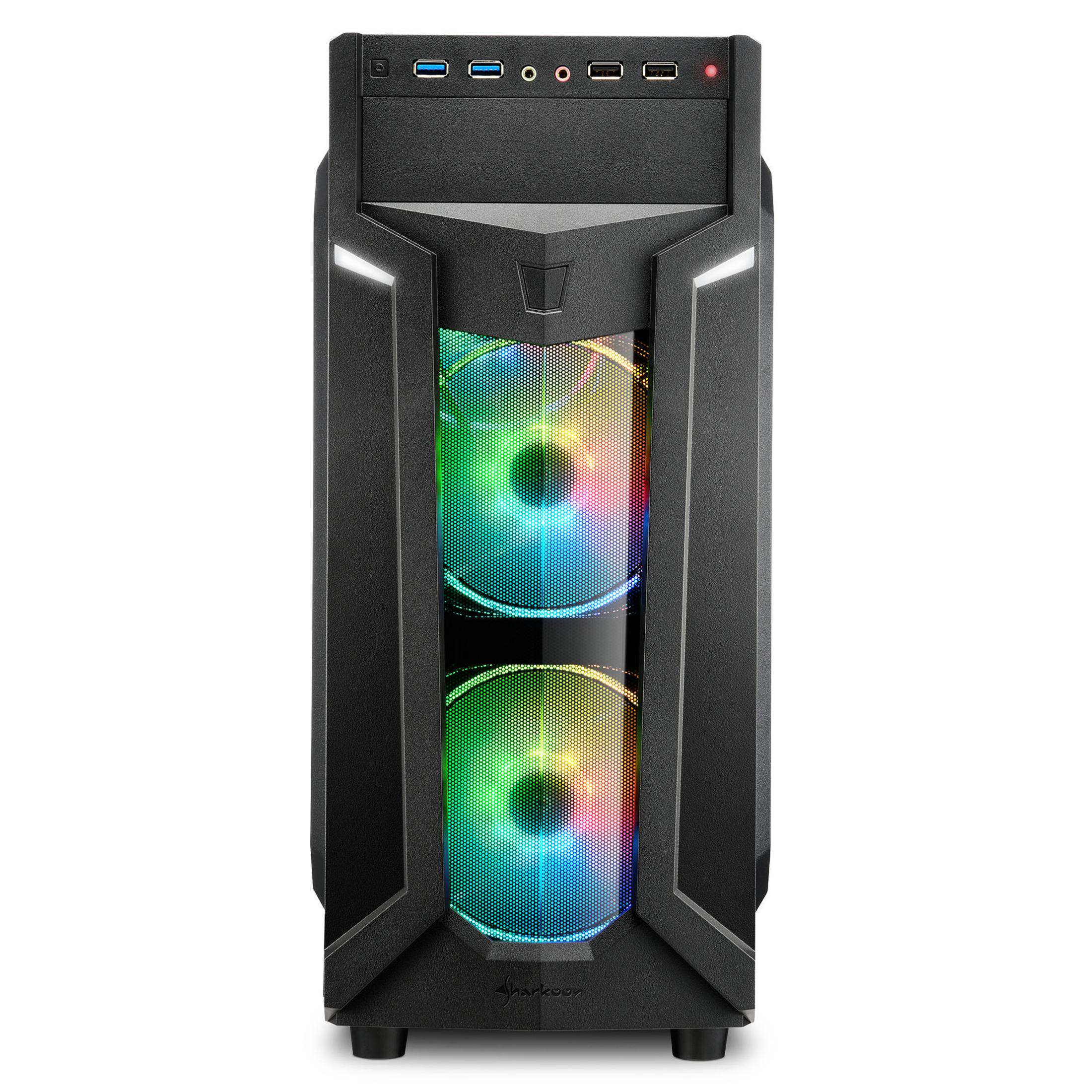 Ein schwarzes Computergehäuse mit zwei beleuchteten Lüftern, die durch das Frontpanel sichtbar sind.