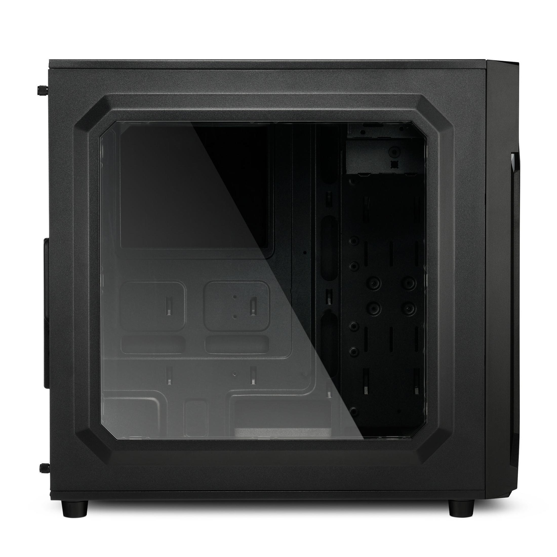 Schwarzes Computergehäuse mit Glas-Seitenwand. Der Innenraum ist leer.