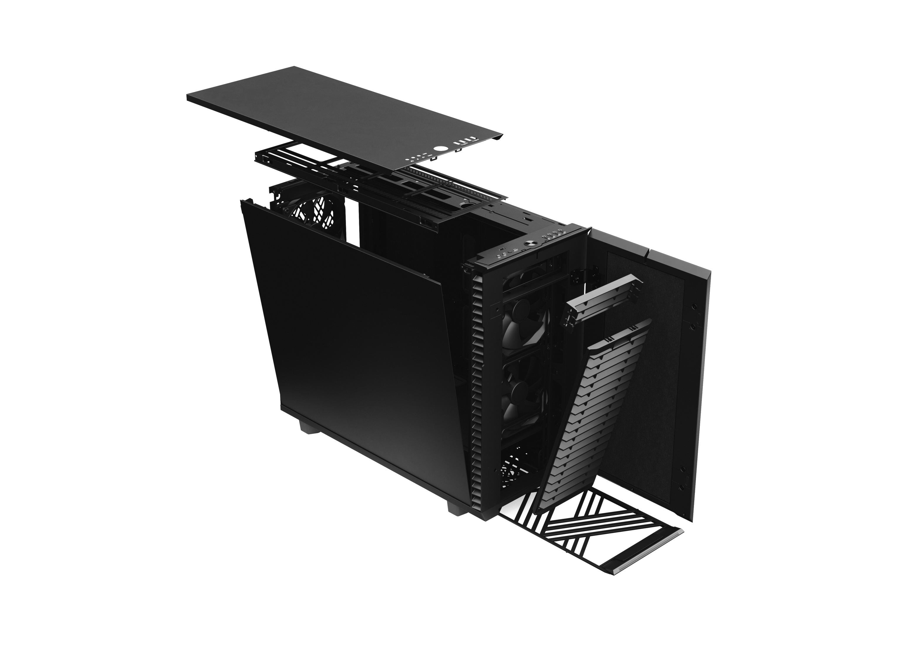 A computer case with parts removed, showing the internal structure.