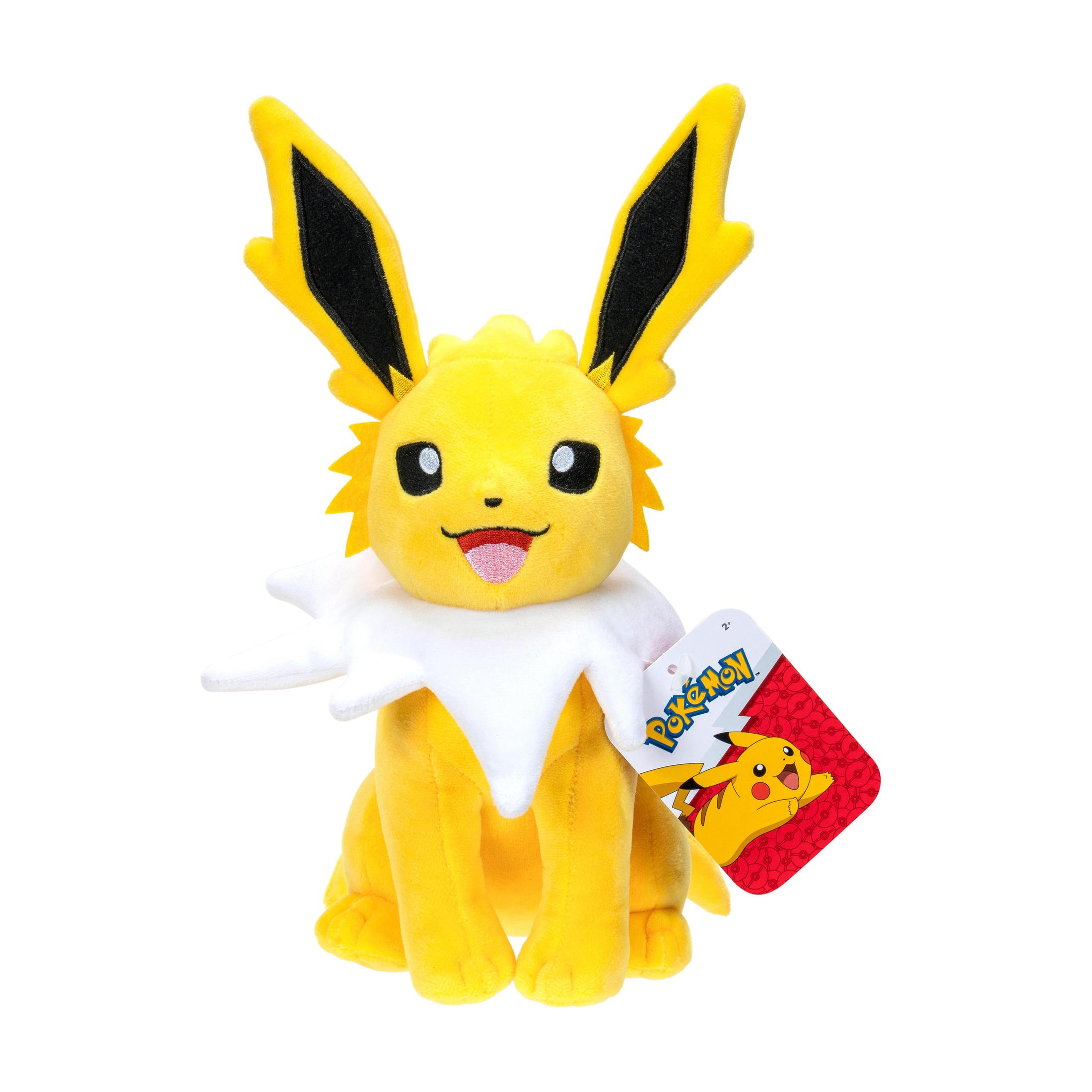 Ein gelbes Jolteon-Plüschtier. Auf dem Etikett steht Pokémon.