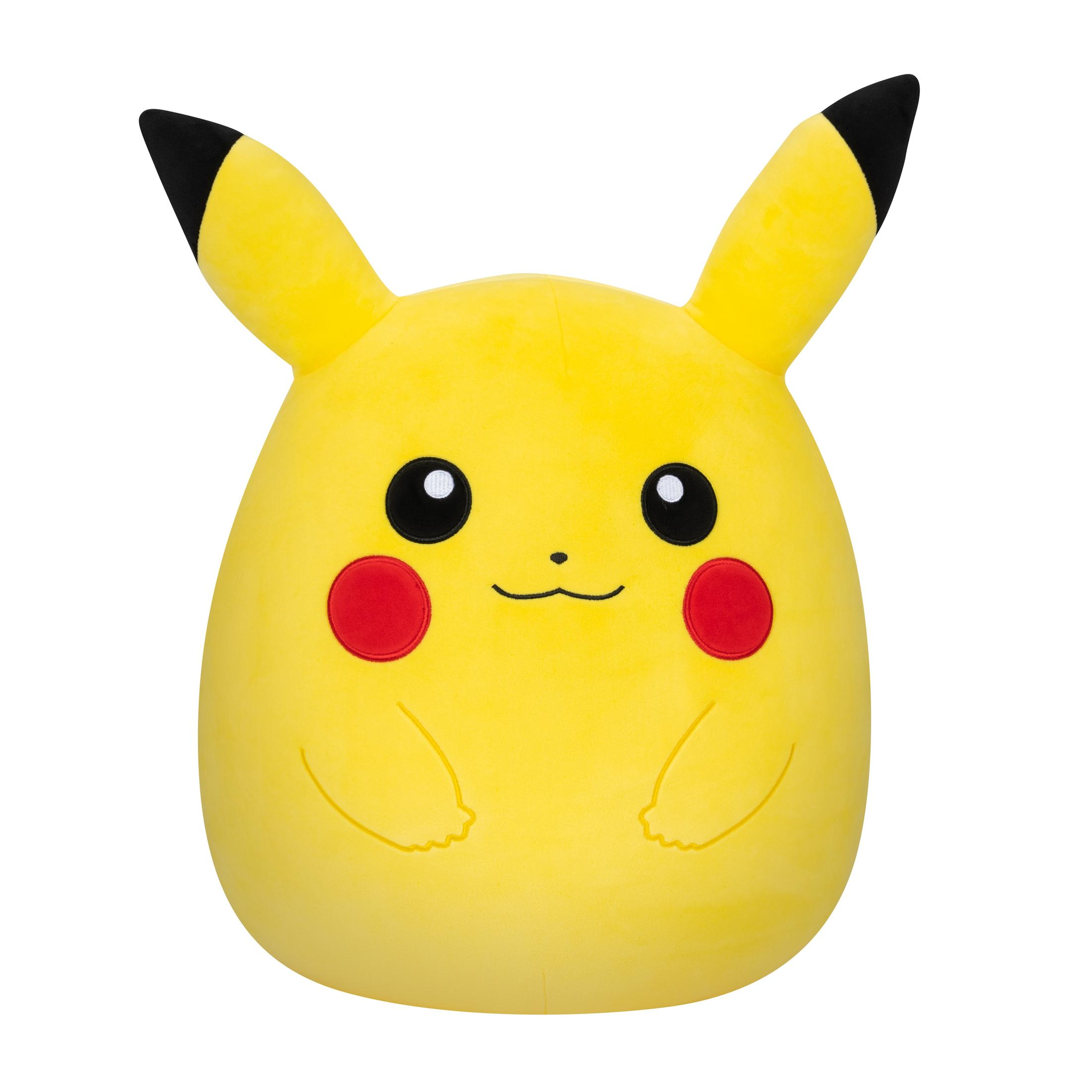 Gelbes Pikachu-Plüschtier mit roten Wangen, schwarzen Augen und schwarzspitzigen Ohren, isoliert auf weißem Hintergrund.