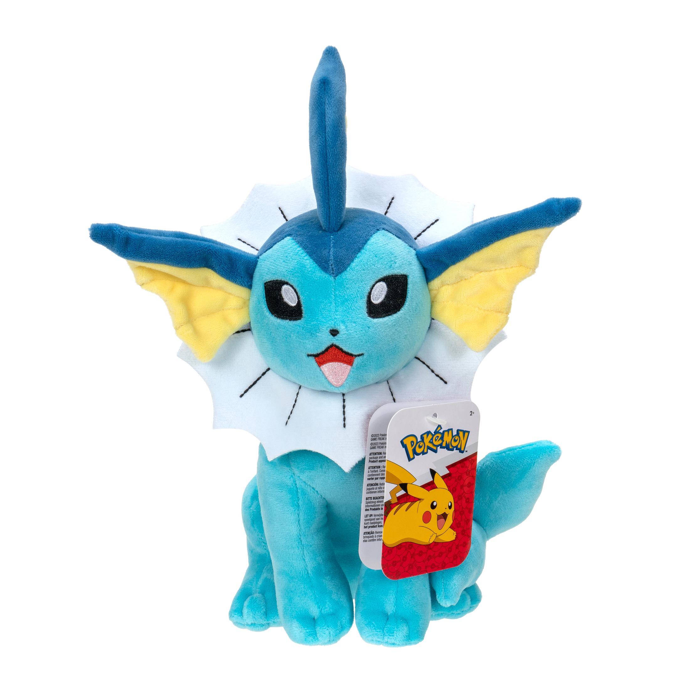 Ein blaues Vaporeon-Plüschtier mit Anhänger. Es ist ein Pokémon-Charakter mit weißem Kragen.