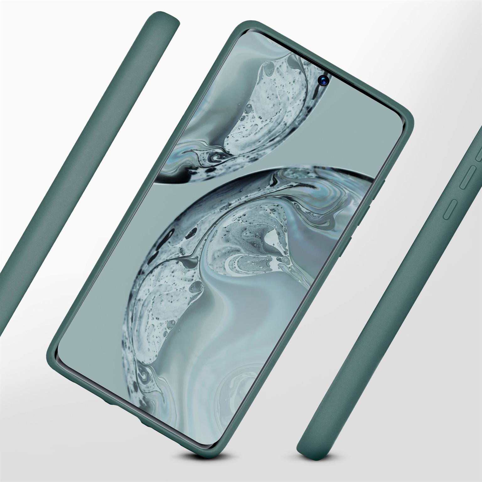 Ein Telefon in grüner Hülle, abgewinkelt, mit unscharfem Hintergrund und schwebenden Elementen.
