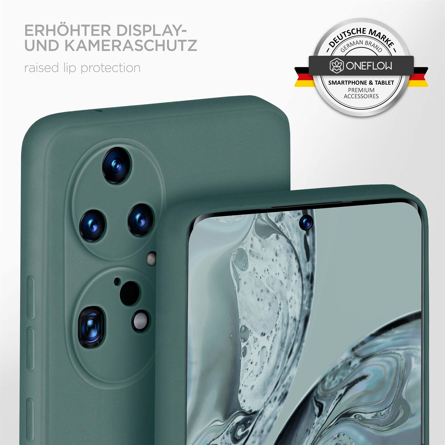 Nahaufnahme einer grünen Handyhülle mit modernem Handy, Kamera wird hervorgehoben.