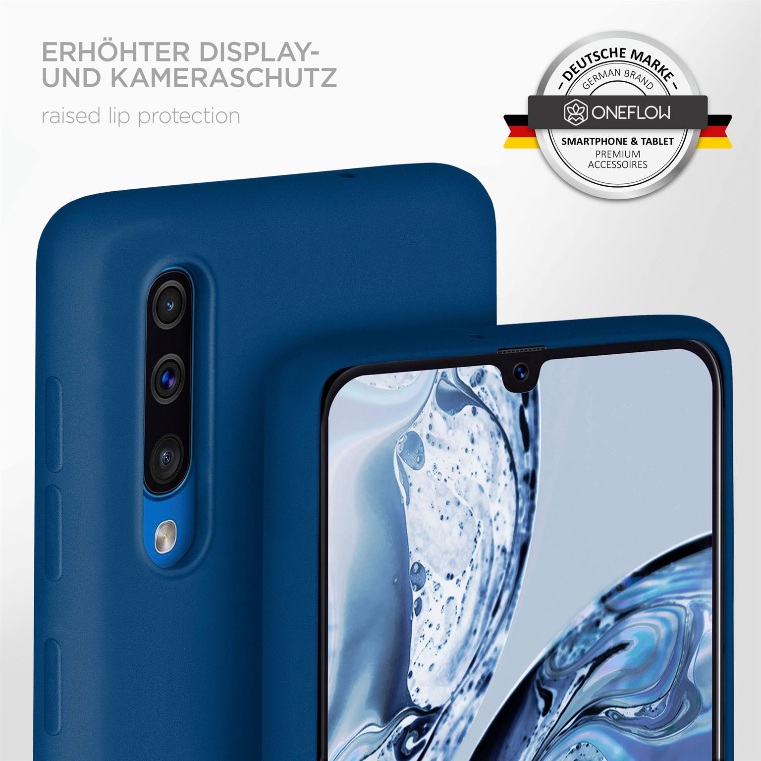 Blaue Handyhülle auf einem Telefon. Die Hülle bedeckt die Kamera und den Bildschirm. Deutsches Markenlogo.