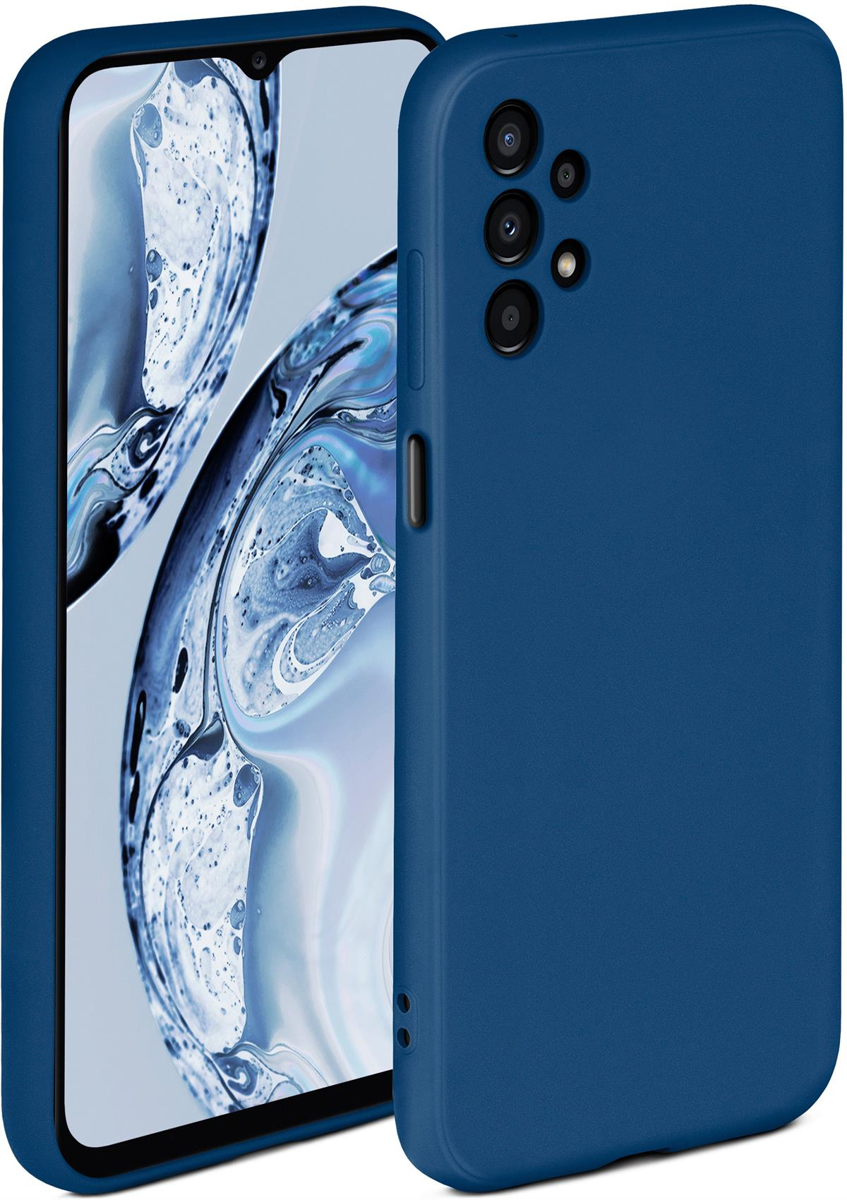 Blaue Handyhülle mit Telefon darin, zeigt die Rückkameras.