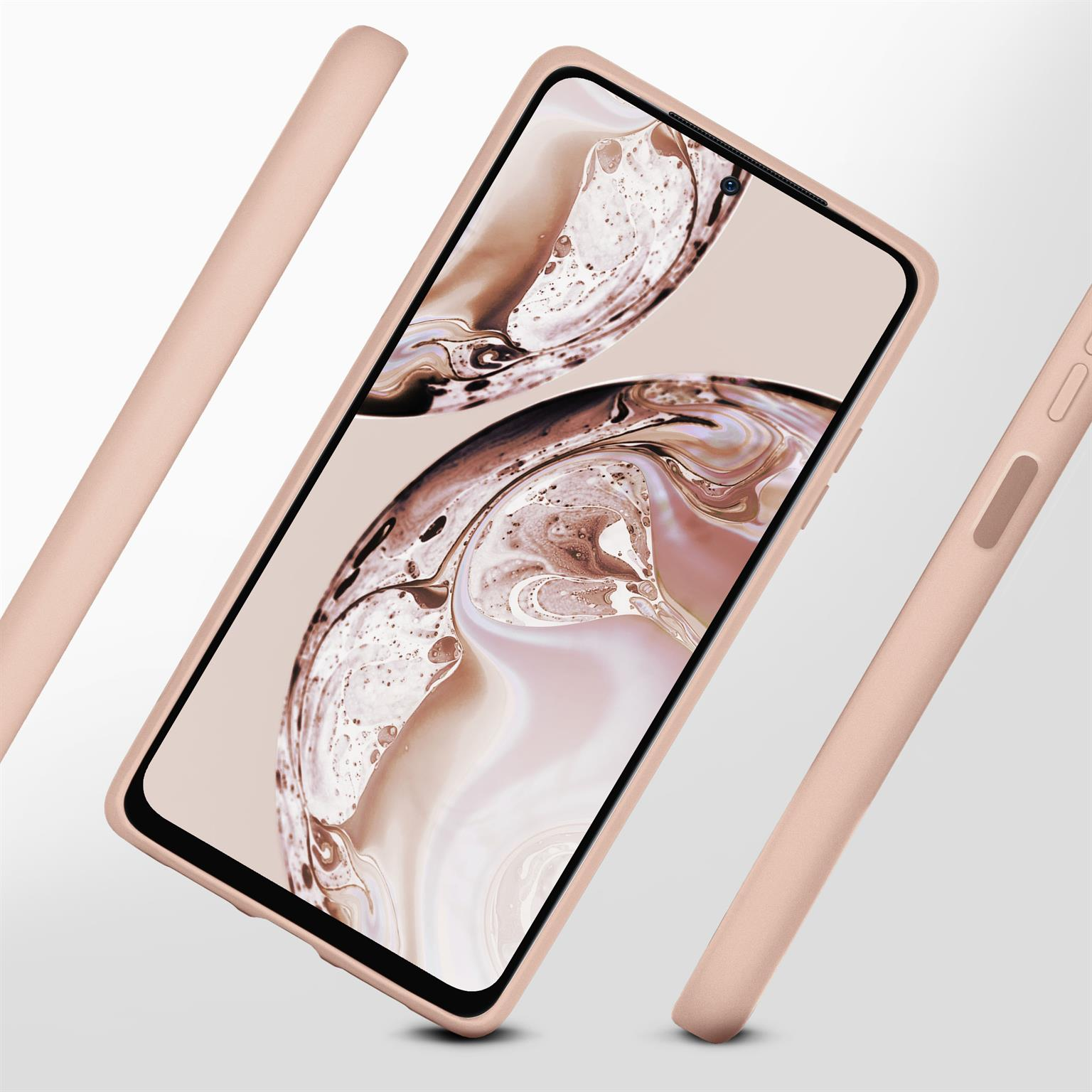 Eine rosa Handyhülle mit dem Telefon darin. Die Hülle umgibt das Telefon und es gibt auch andere Teile.