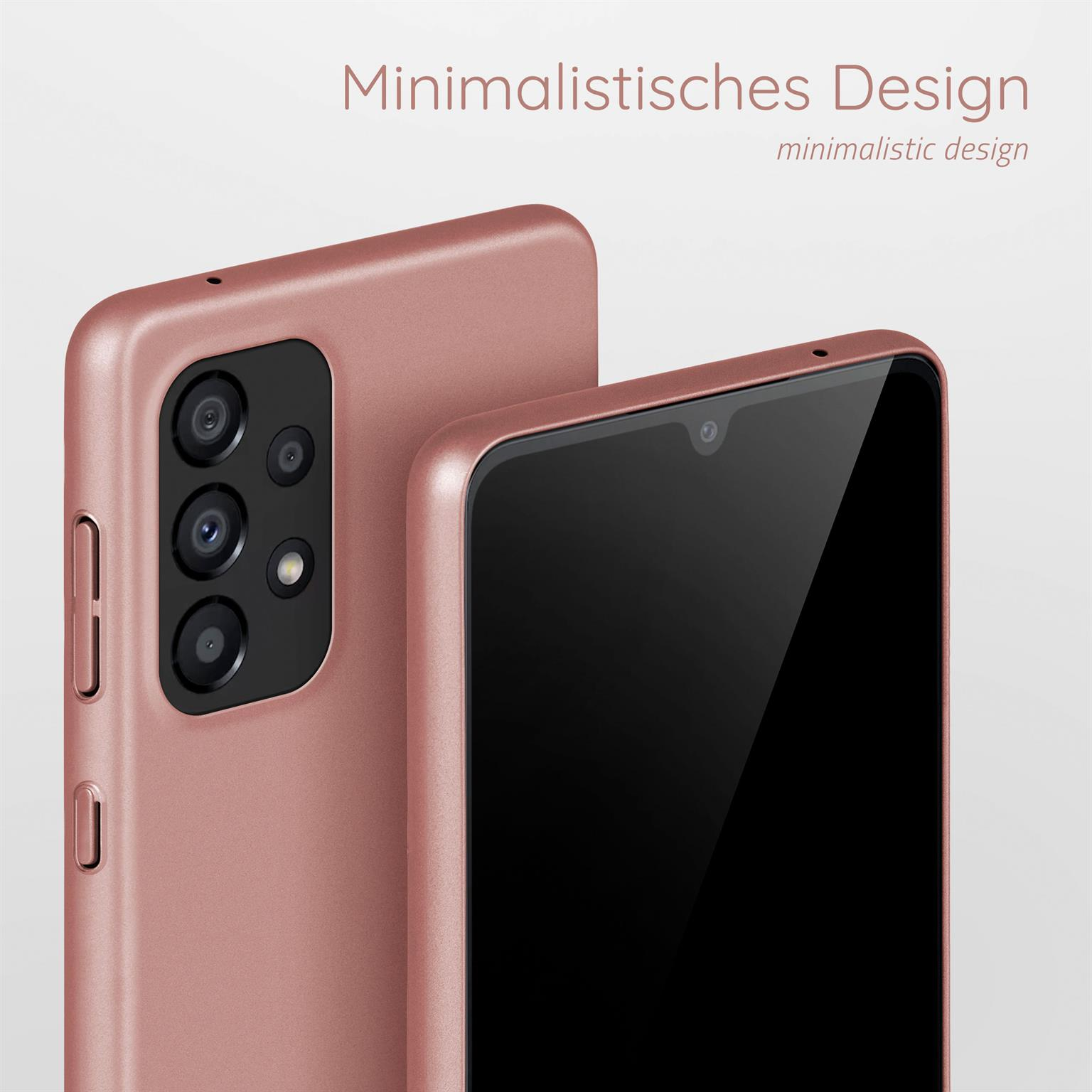 Eine rosafarbene Handyhülle, die ihre Rückseite mit Kameralinsen zeigt, neben einem Handy mit nach außen gerichtetem Bildschirm.