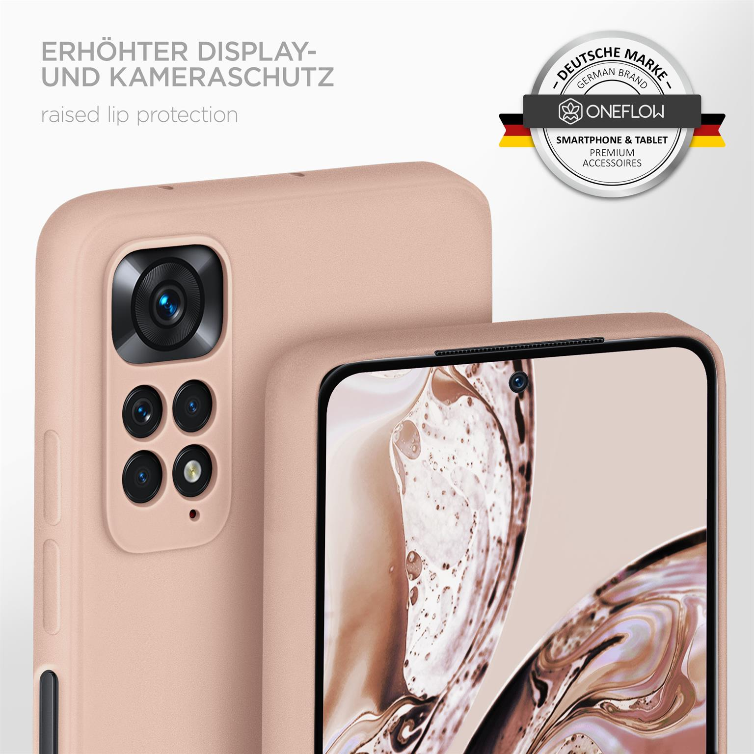 Ein rosa Telefon mit Hülle, die die Kamera zeigt. Die Hülle hat einen erhöhten Rand zum Schutz.