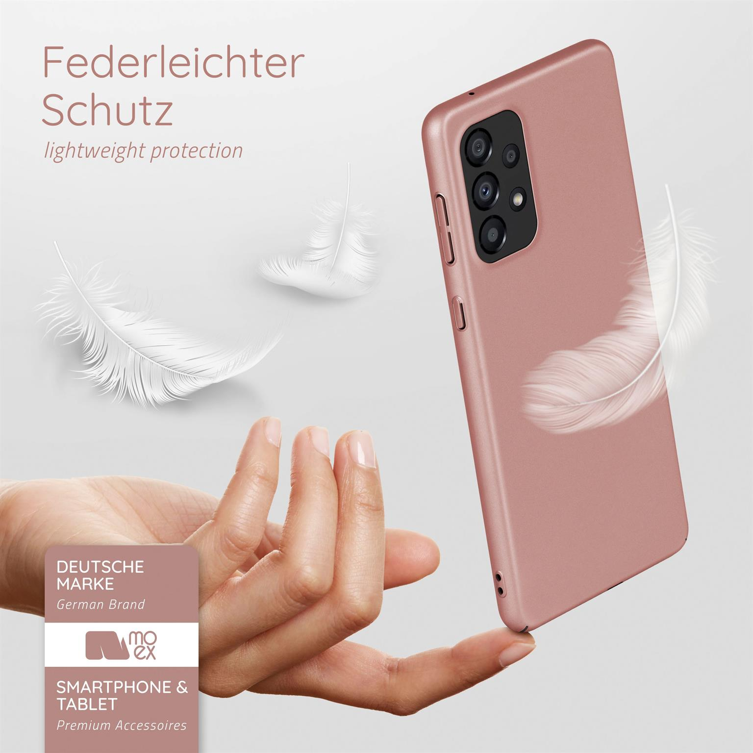 Rosa Handyhülle mit Federn. Text: Leichter Schutz. Deutsche Marke, Smartphone & Tablet.