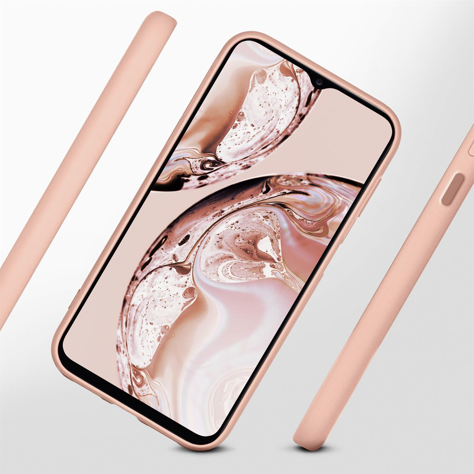 Rosa Telefon in einer Hülle. Zwei rosa Balken befinden sich im Hintergrund. Das Telefon zeigt ein verschwommenes Bild.