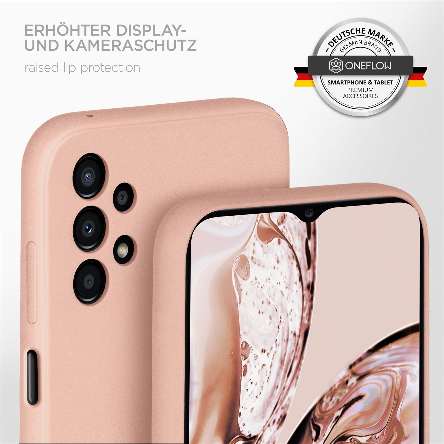 Rosa Handyhülle mit Telefon, Nahaufnahme der Kameras. Text: Erhöhter Lippenschutz.
