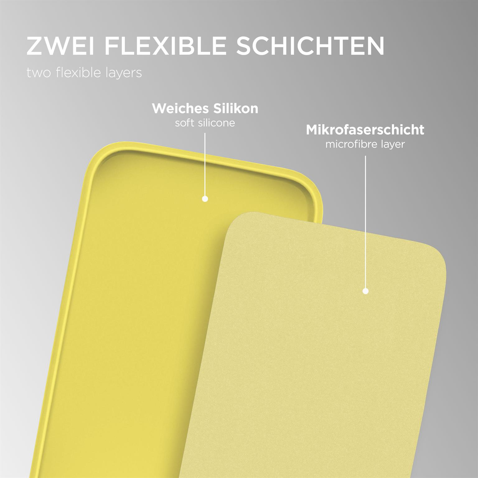 Nahaufnahme zweier Handyhüllen-Schichten, gelbes Silikon und eine hellgelbe Mikrofaser-Schicht. Grauer Hintergrund.