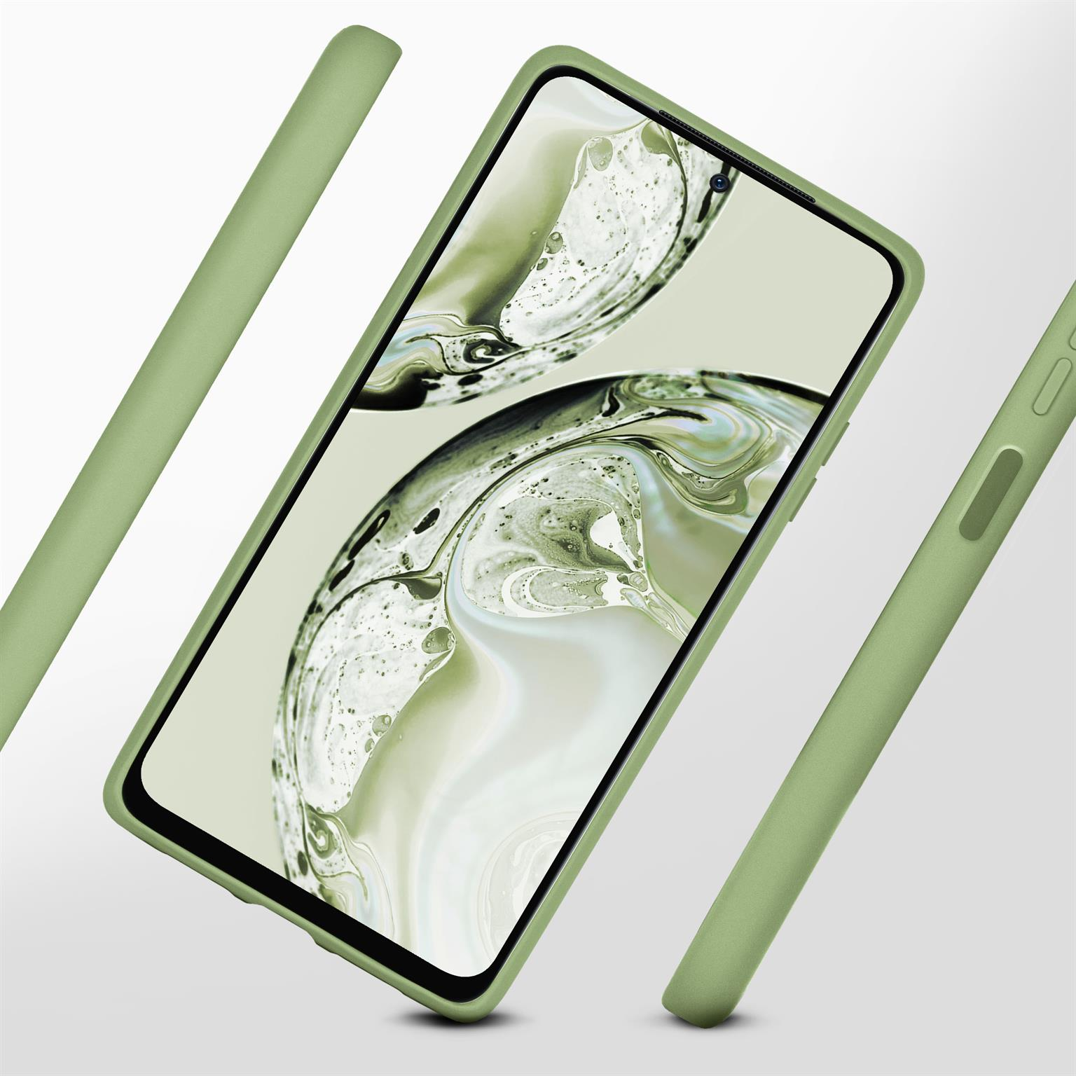 Grüne Handyhülle mit Telefonbildschirm. Andere Teile der Hülle sind sichtbar.