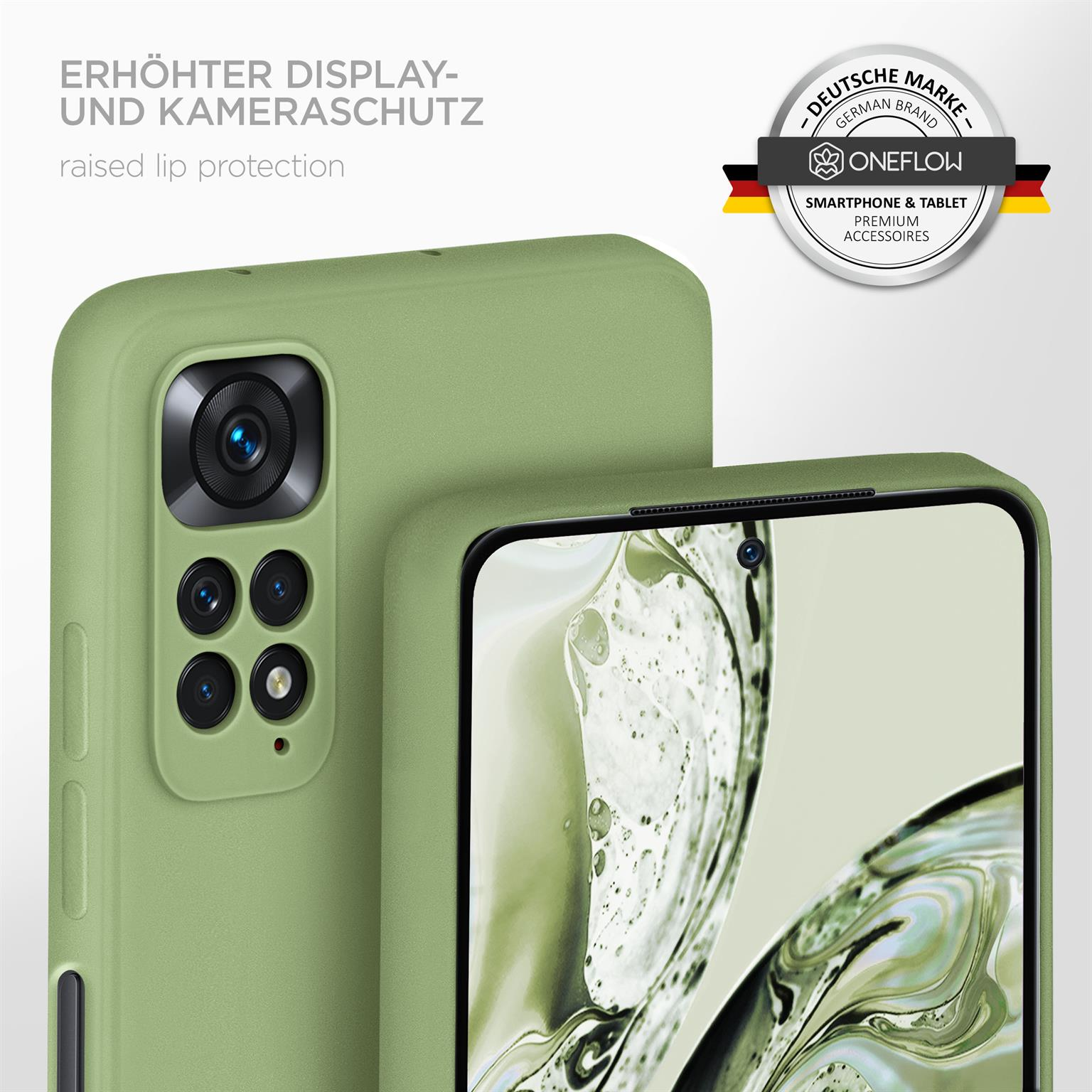 Grüne Handyhülle mit Display- und Kameraschutz. Oneflow-Markenlogo sichtbar.