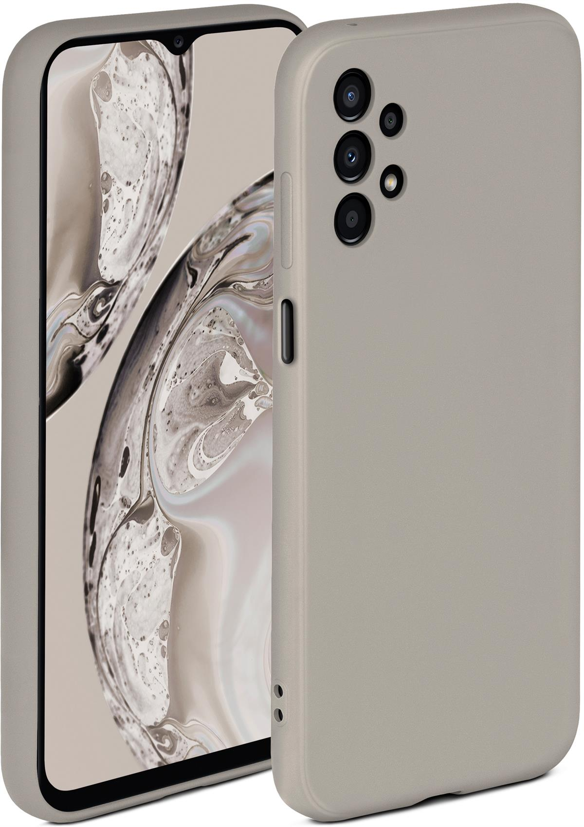 Handyhülle, hellgrau, auf einem Telefon. Telefonbildschirm sichtbar, zeigt farbenfrohes Bild.