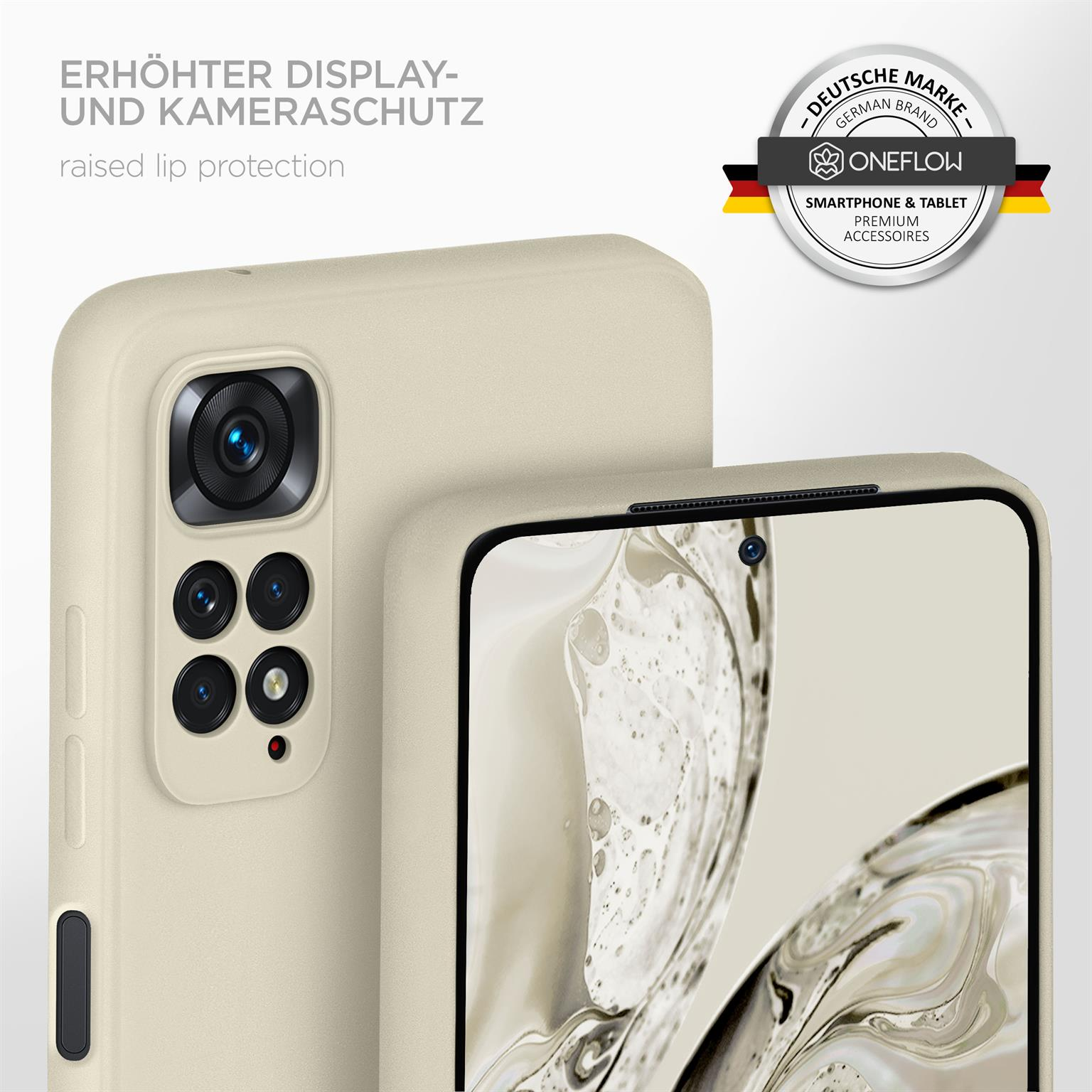 Handyhülle mit Telefon, beige, mit Kameraschutz.