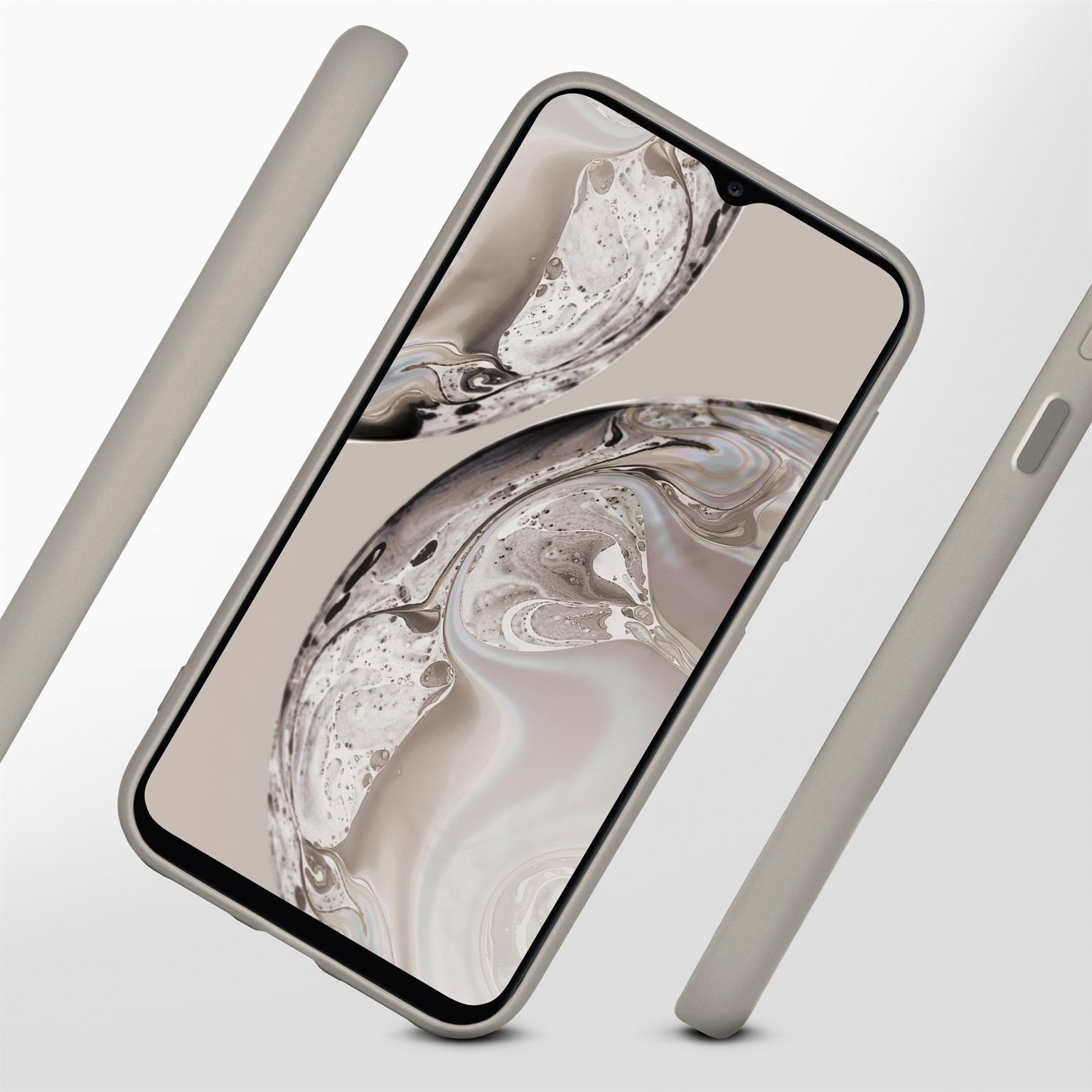 Smartphone in einer Hülle, schwebend. Graue Hülle, der Telefonbildschirm zeigt ein abstraktes Design. Weißer Hintergrund.