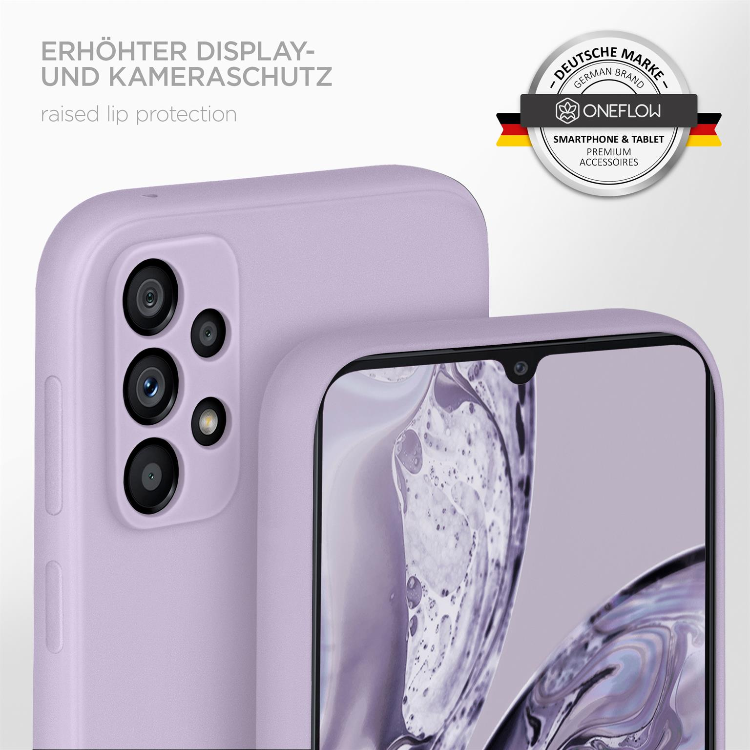 Eine Handyhülle in Lavendelfarbe, mit einem Telefon und einem Logo. Text links oben.