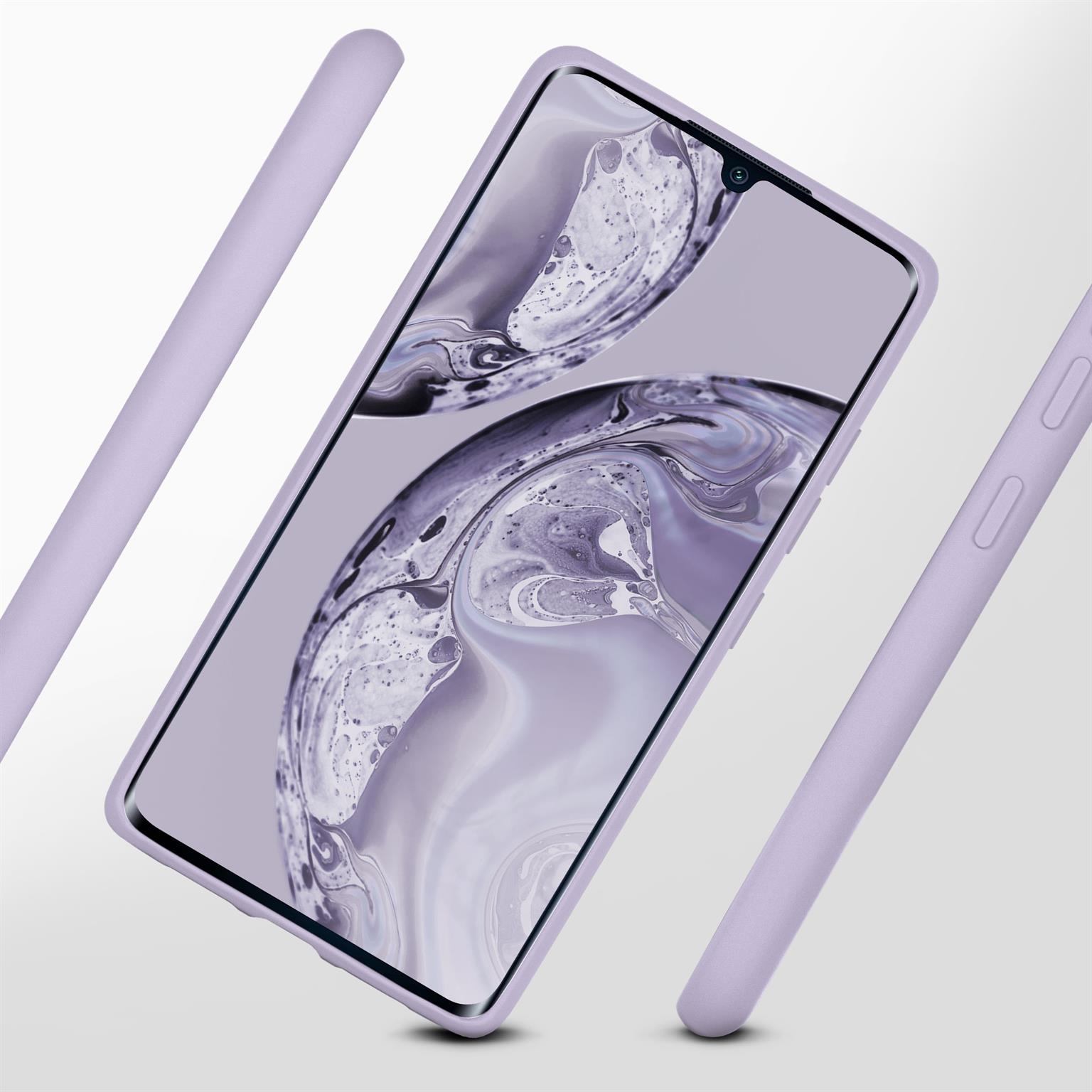 Ein lavendelfarbenes Telefon mit einer lavendelfarbenen Hülle und zwei weiteren Hüllen an den Seiten.