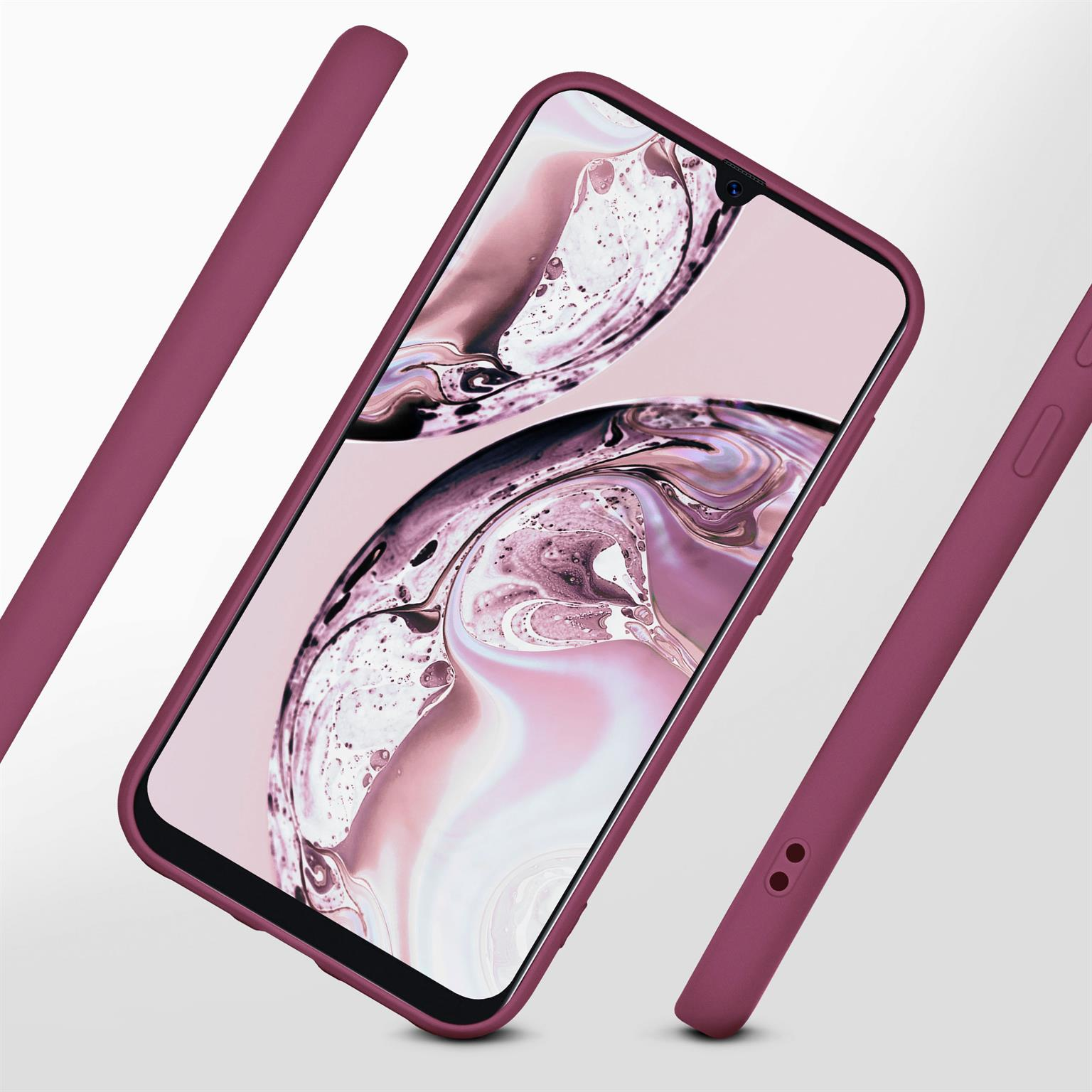 Telefon in bordeauxroter Hülle mit digitalem Kunsthintergrund, drei Gehäuseteile sichtbar.