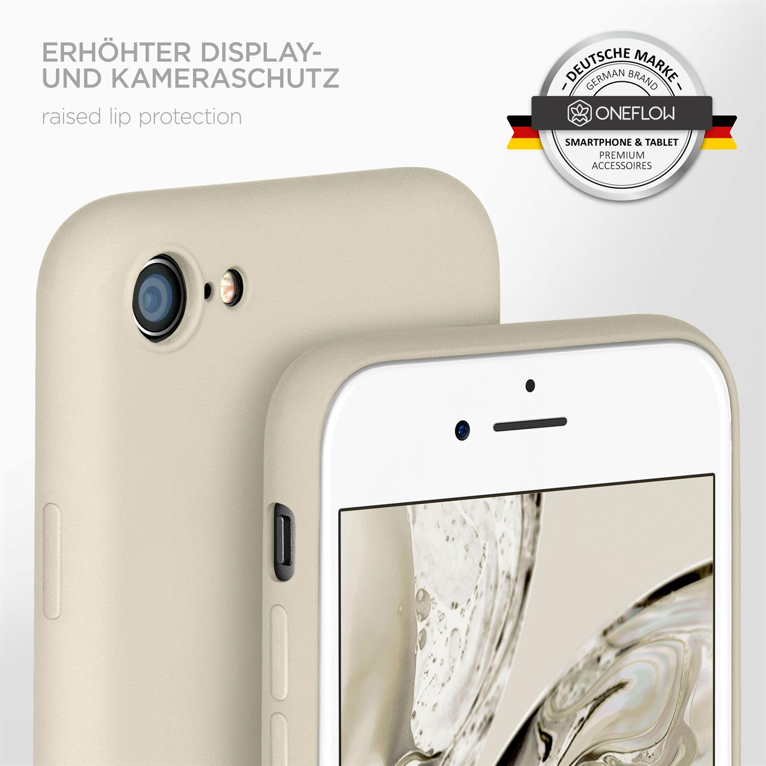 Eine beige Handyhülle mit dem Telefon darin. Die Hülle umgibt das Telefon, mit einem Logo im Hintergrund.