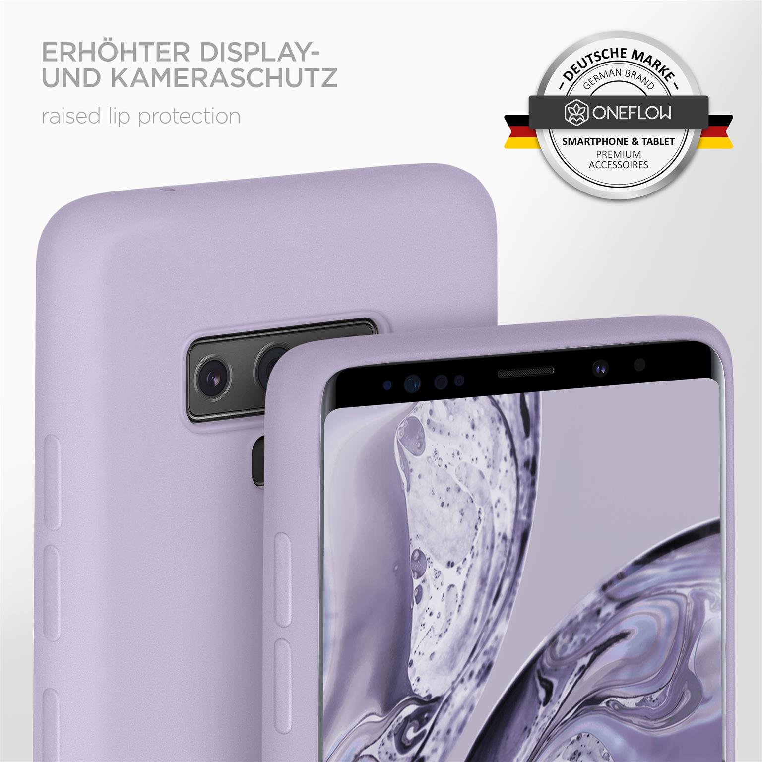 Eine lila Handyhülle schützt ein Telefon. Der Text lautet: erhöhter Lippenschutz.