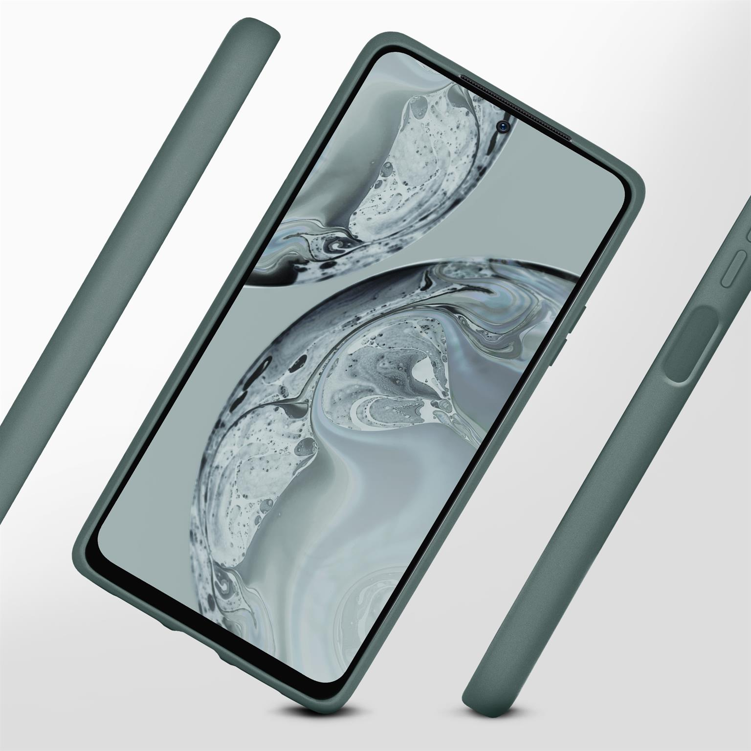 Grüne Handyhülle mit Telefon, separate grüne Teile.