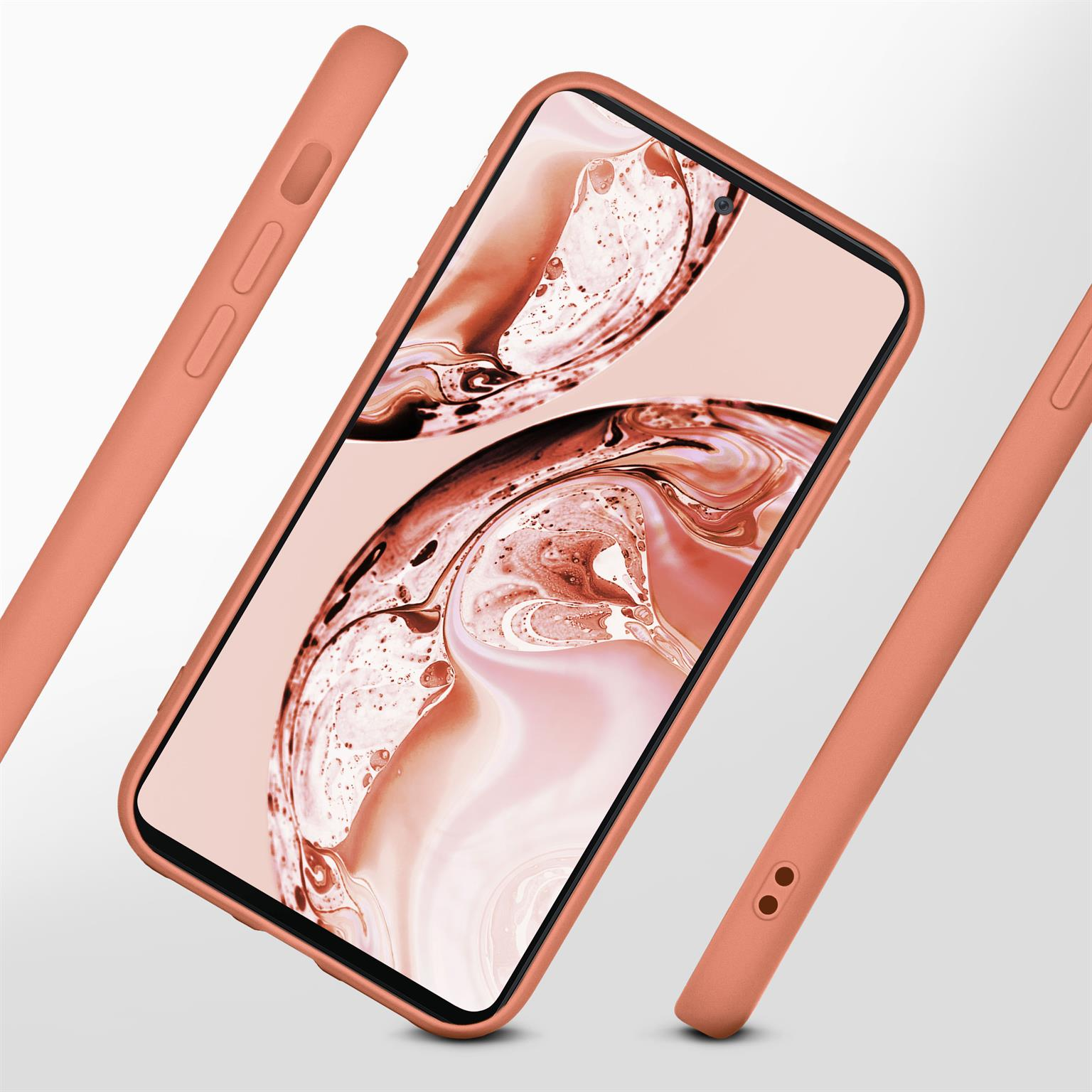 Orangene Handyhülle und Telefon auf weißer Oberfläche mit Gehäuseteilen in der Luft.
