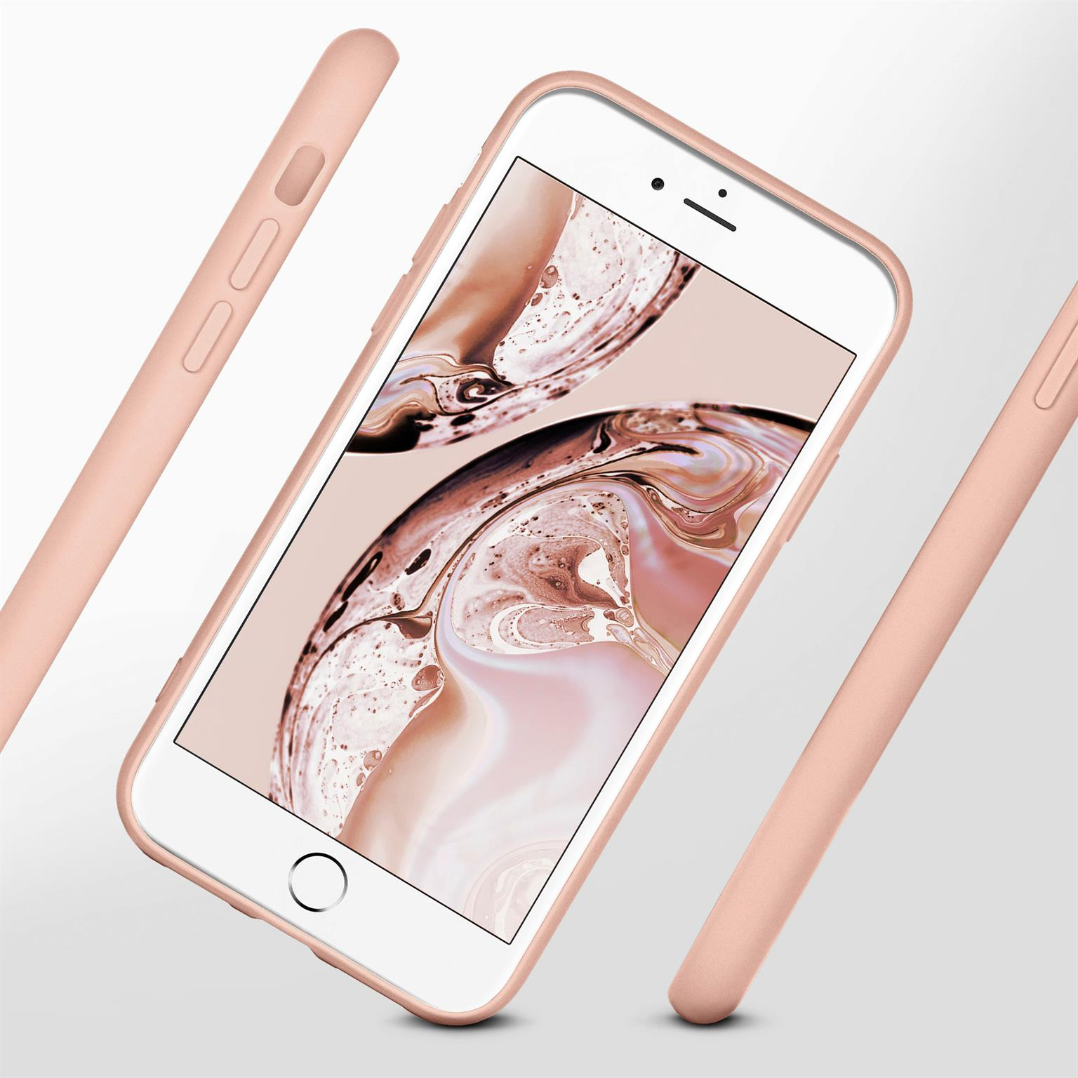 Ein rosa Telefon in einer Hülle. Zusätzliche Gehäuseteile sind um das Telefon herum platziert.