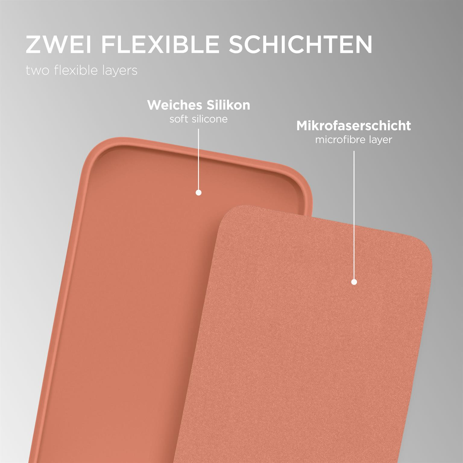 Zwei Materialschichten, eine orangefarbene und eine pfirsichfarbene, beschriftet mit weichem Silikon und Mikrofaser.