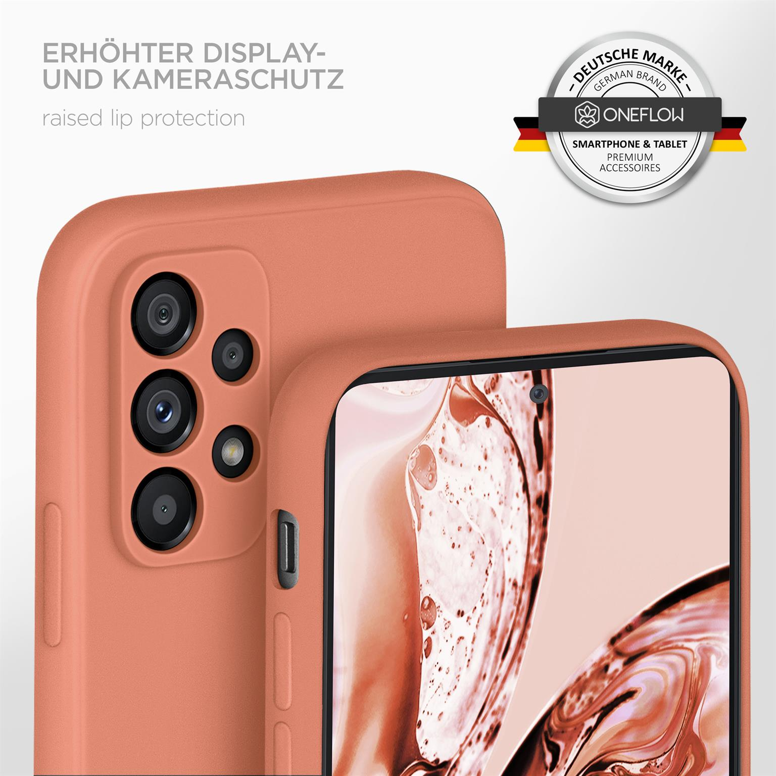 Orangene Handyhülle mit Kameralinsen. Erhöhter Lippenschutz. Weißer Hintergrund.