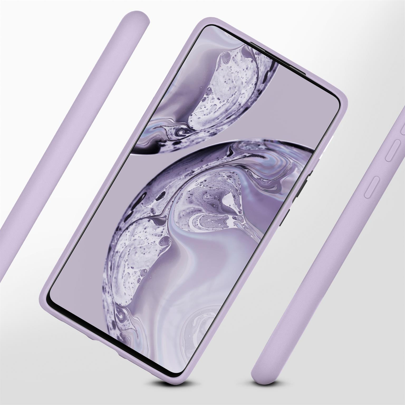 Lilafarbene Handyhülle mit einem Telefon, das ein lilafarbenes Bild zeigt.