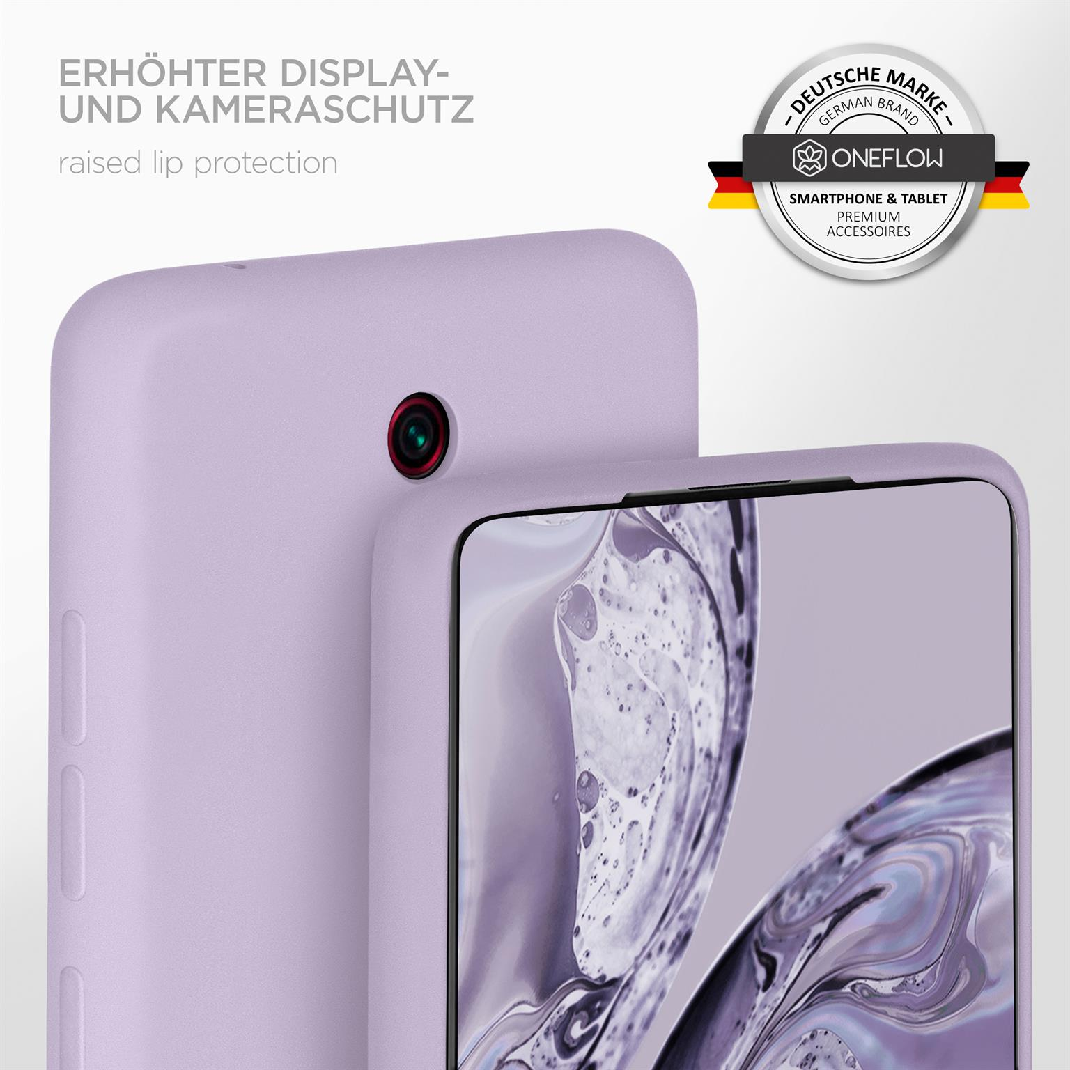 Lila Handyhülle mit Handy. Text links. Logo rechts.